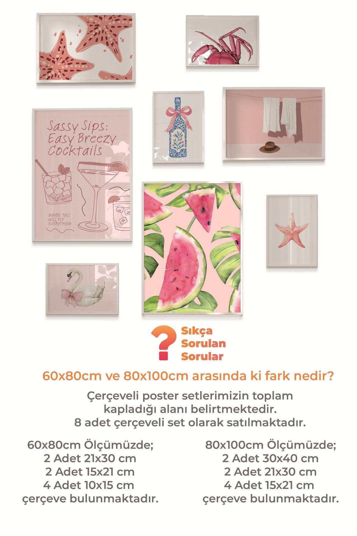 Çerçeveli Poster Seti, 8 Adet Beyaz Çerçeve ve Poster Pembe Yaz Temalı Galeri Seti NO:056