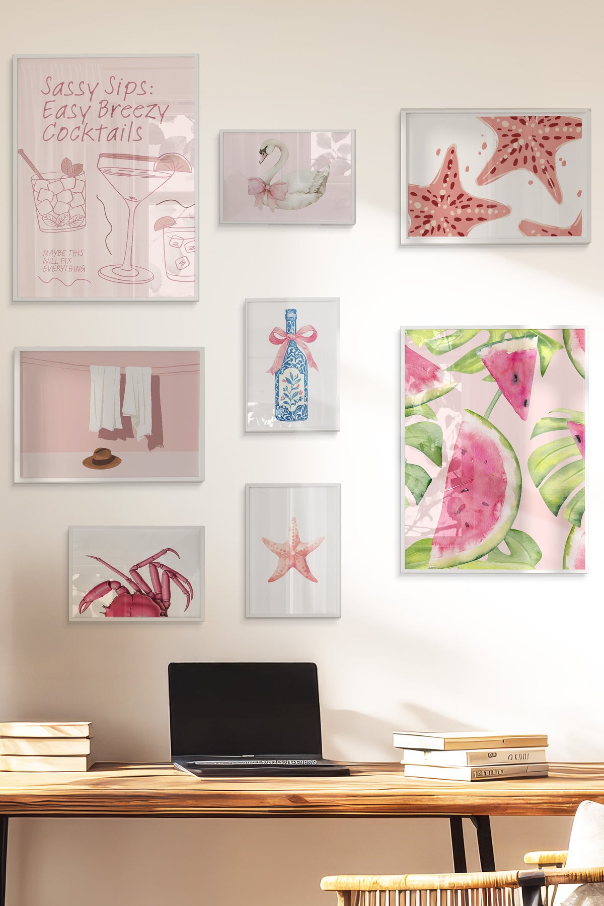 Çerçeveli Poster Seti, 8 Adet Beyaz Çerçeve ve Poster Pembe Yaz Temalı Galeri Seti NO:056