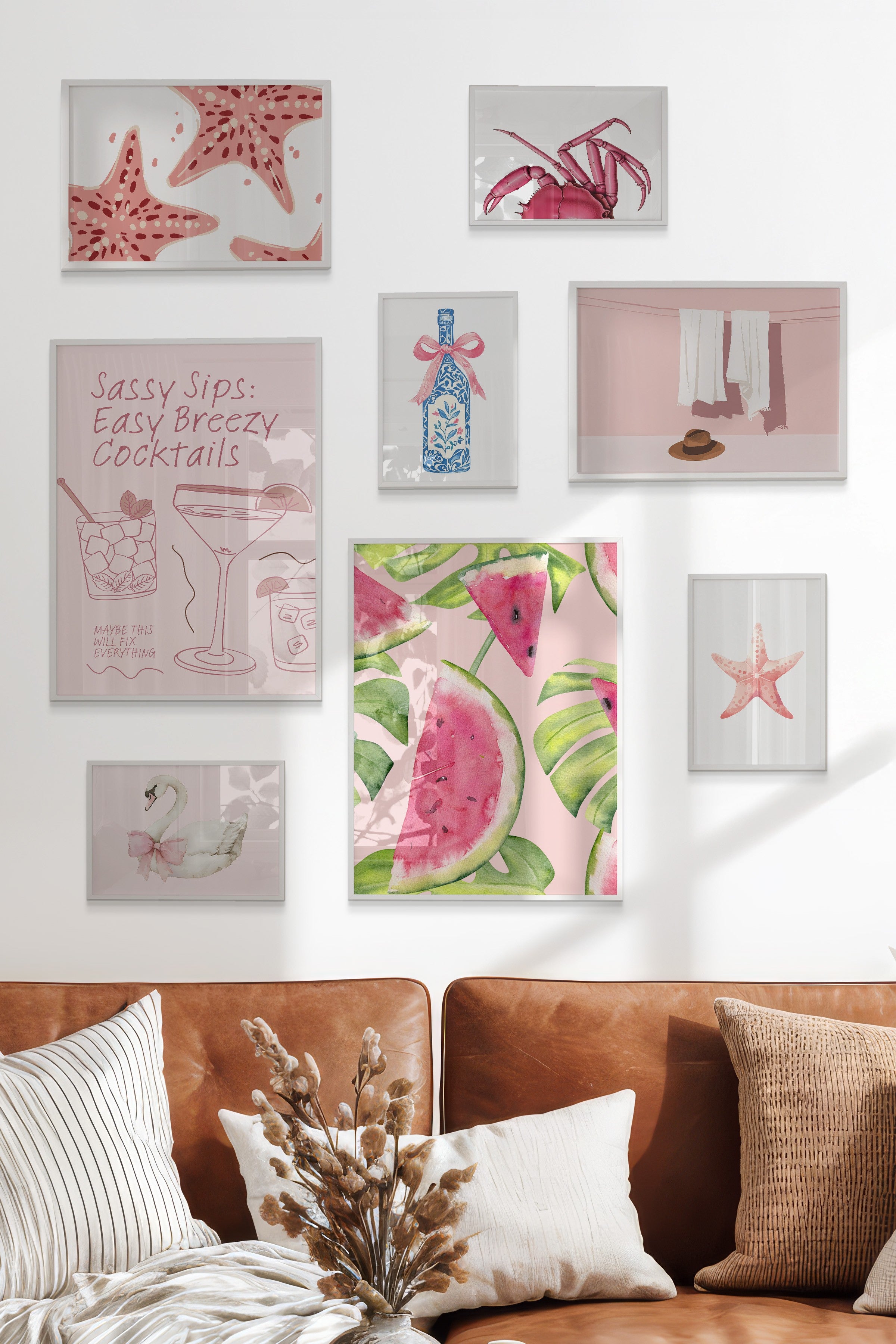 Çerçeveli Poster Seti, 8 Adet Beyaz Çerçeve ve Poster Pembe Yaz Temalı Galeri Seti NO:056
