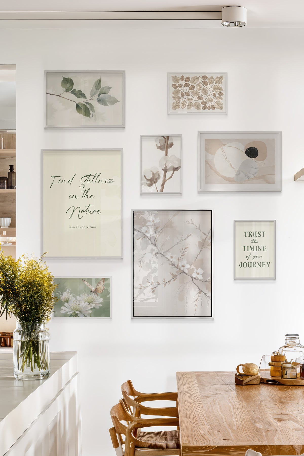 Çerçeveli Poster Seti, 8 Adet Beyaz Çerçeve ve Poster Soft Beyaz Vintage Temalı Galeri Seti NO:064