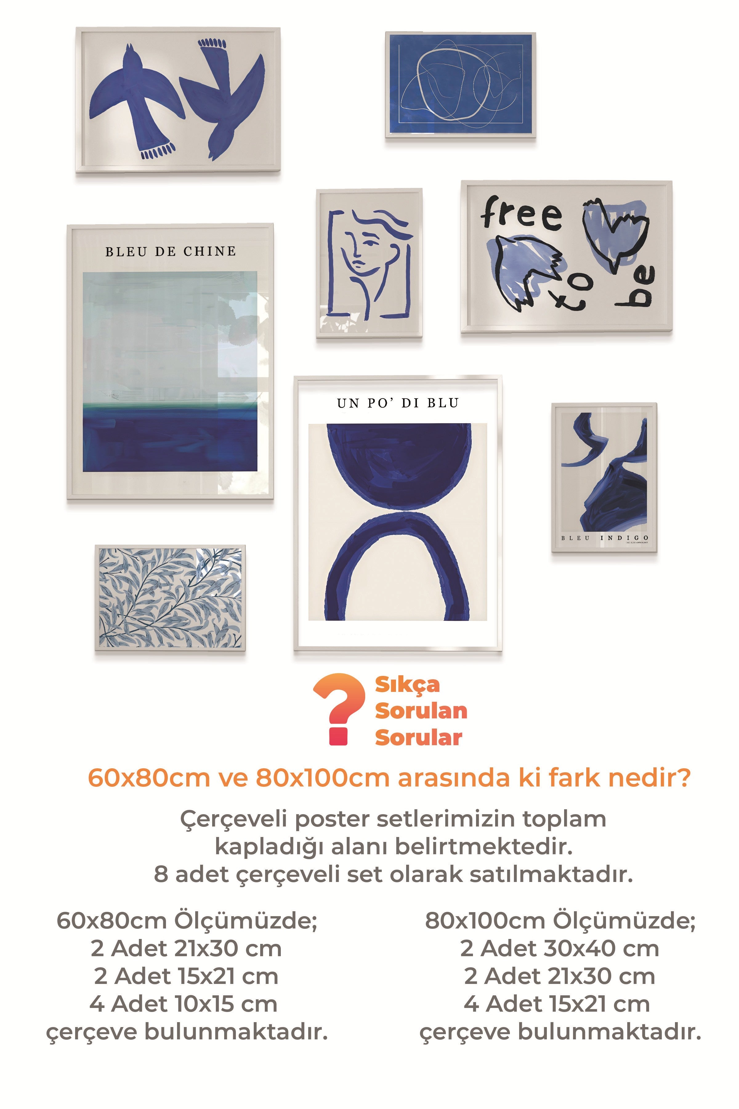 Çerçeveli Poster Seti, 8 Adet Beyaz Çerçeve ve Poster Soyut Mavi Temalı Galeri Seti NO:078