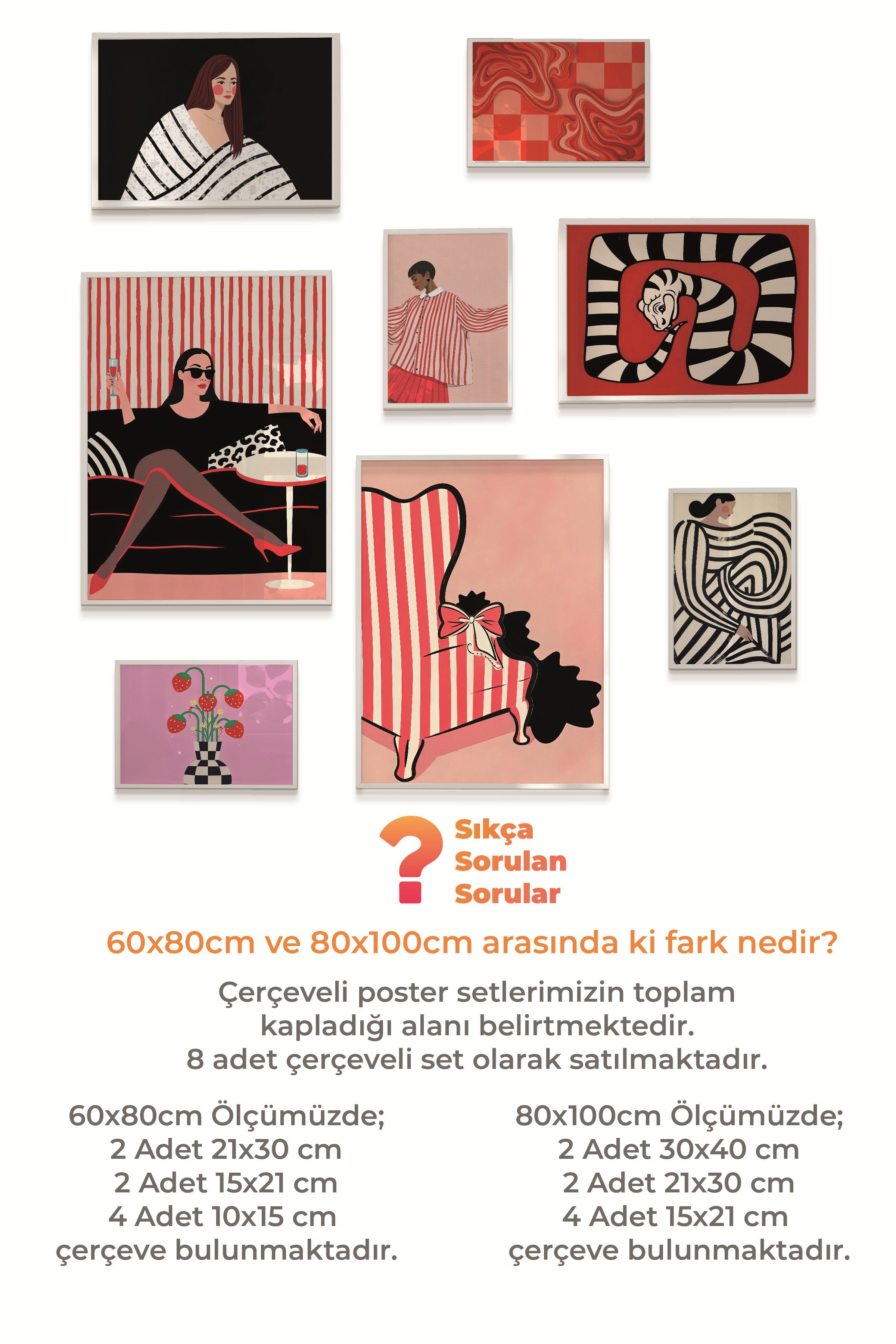 Çerçeveli Poster Seti, 8 Adet Beyaz Çerçeve ve Poster Vintage Pembe Temalı Galeri Seti NO:075