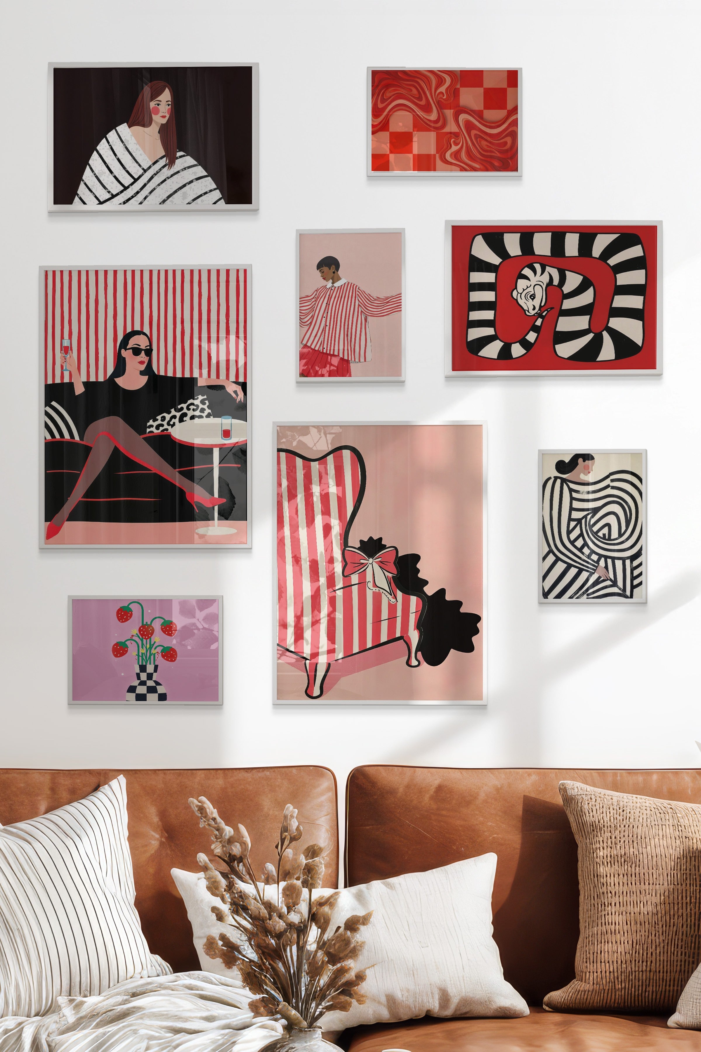 Çerçeveli Poster Seti, 8 Adet Beyaz Çerçeve ve Poster Vintage Pembe Temalı Galeri Seti NO:075