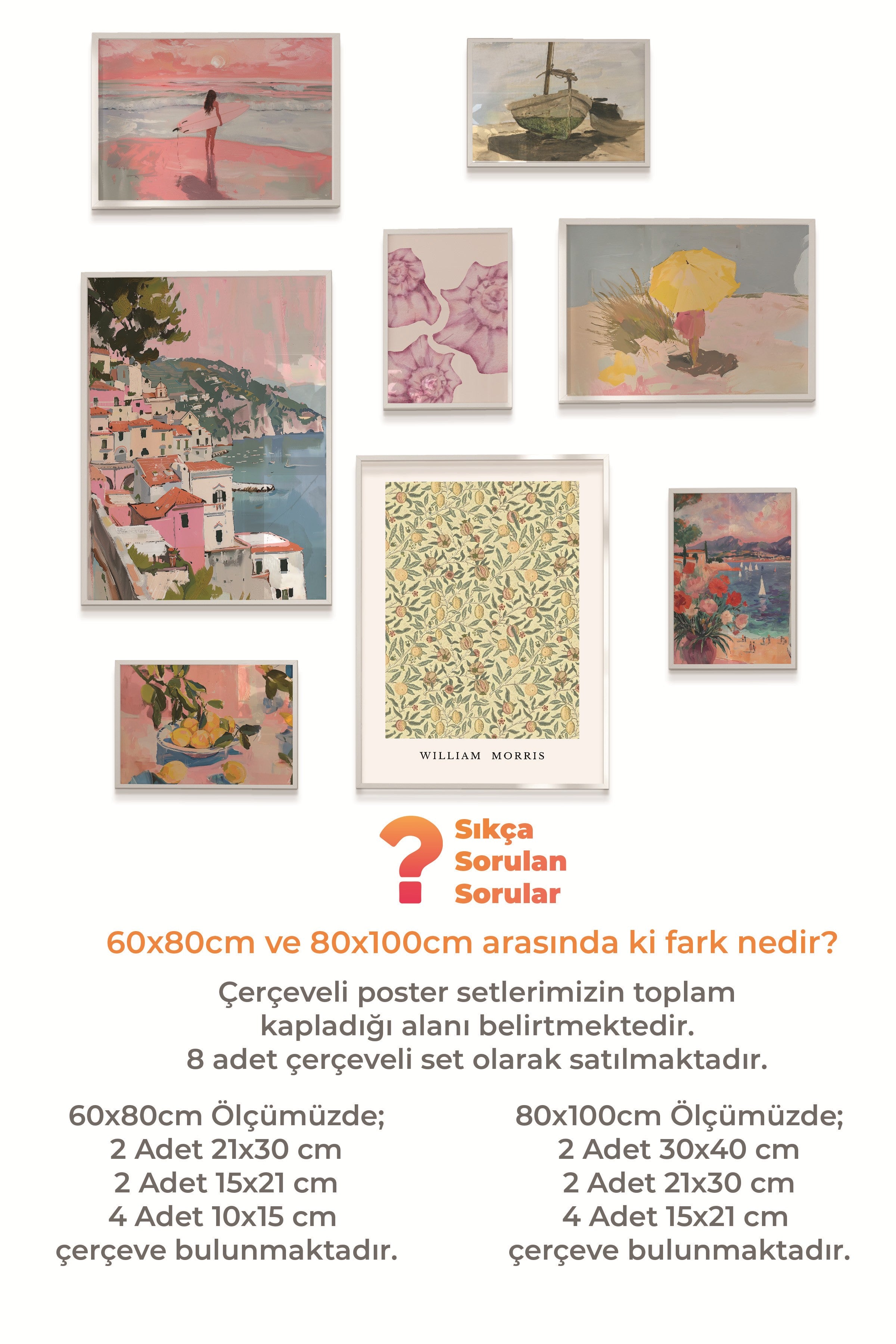 Çerçeveli Poster Seti, 8 Adet Beyaz Çerçeve ve Poster Vintage Yaz Temalı Galeri Seti NO:060