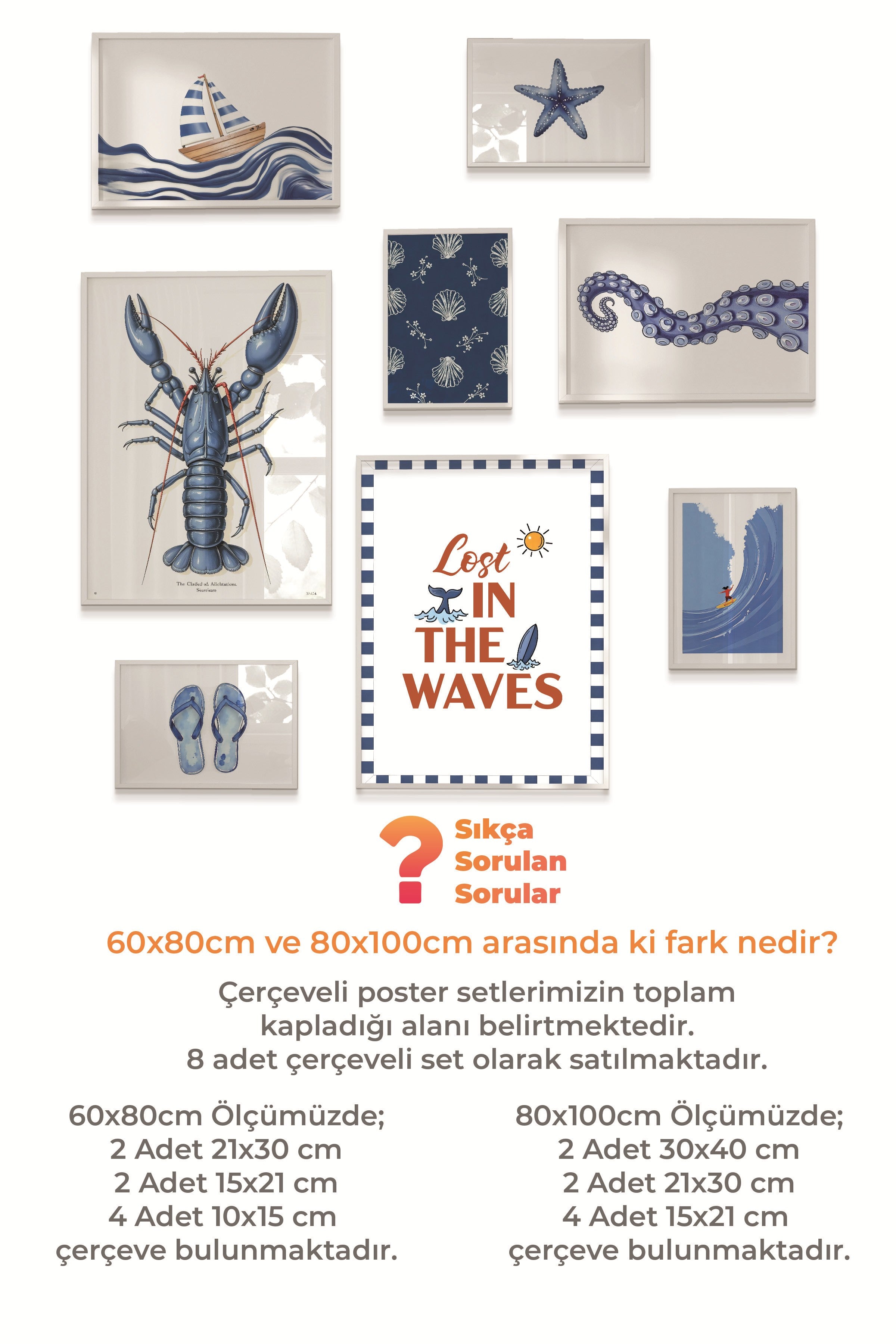 Çerçeveli Poster Seti, 8 Adet Beyaz Çerçeve ve Poster Yaz ve Mavi Temalı Galeri Seti NO:061