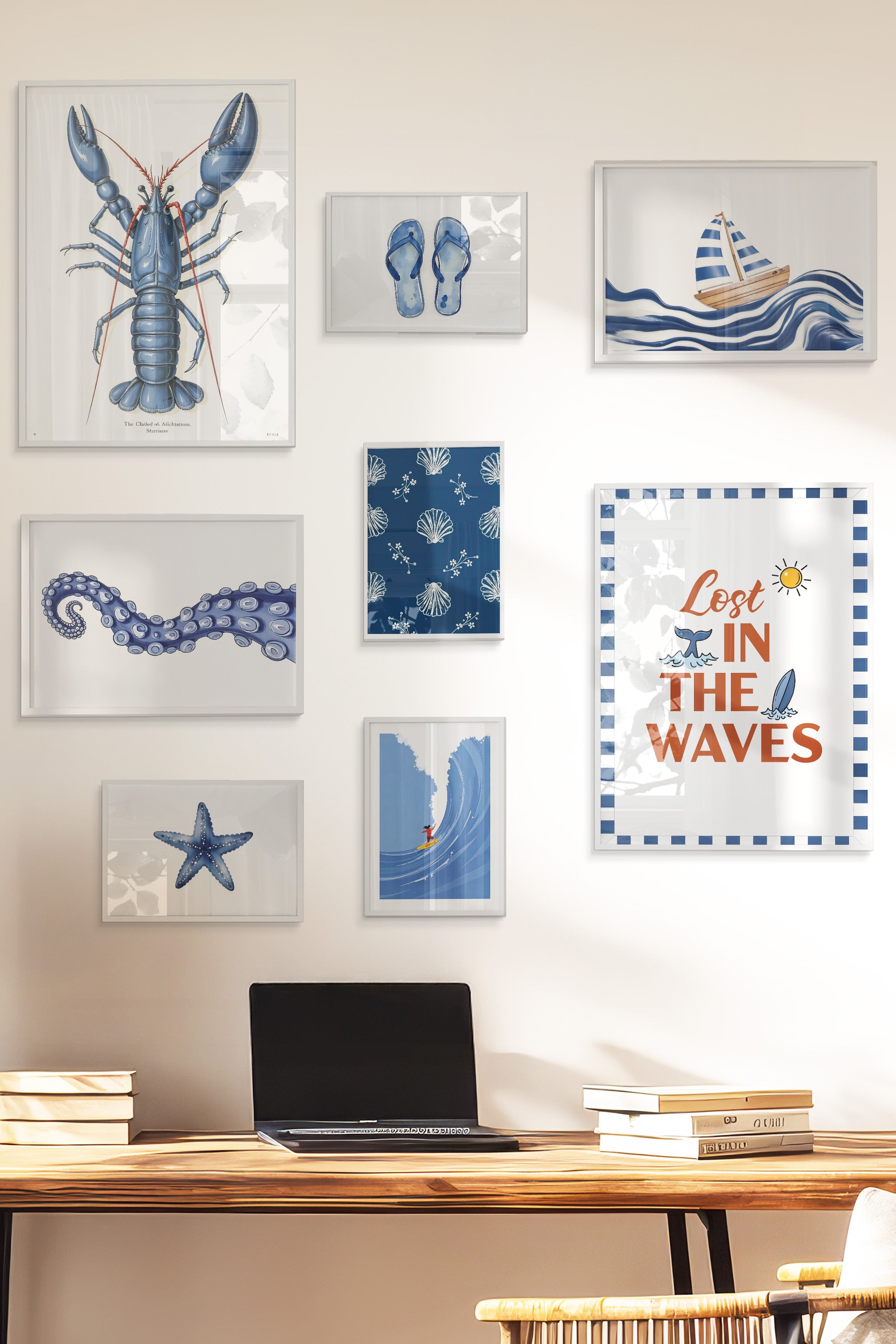 Çerçeveli Poster Seti, 8 Adet Beyaz Çerçeve ve Poster Yaz ve Mavi Temalı Galeri Seti NO:061