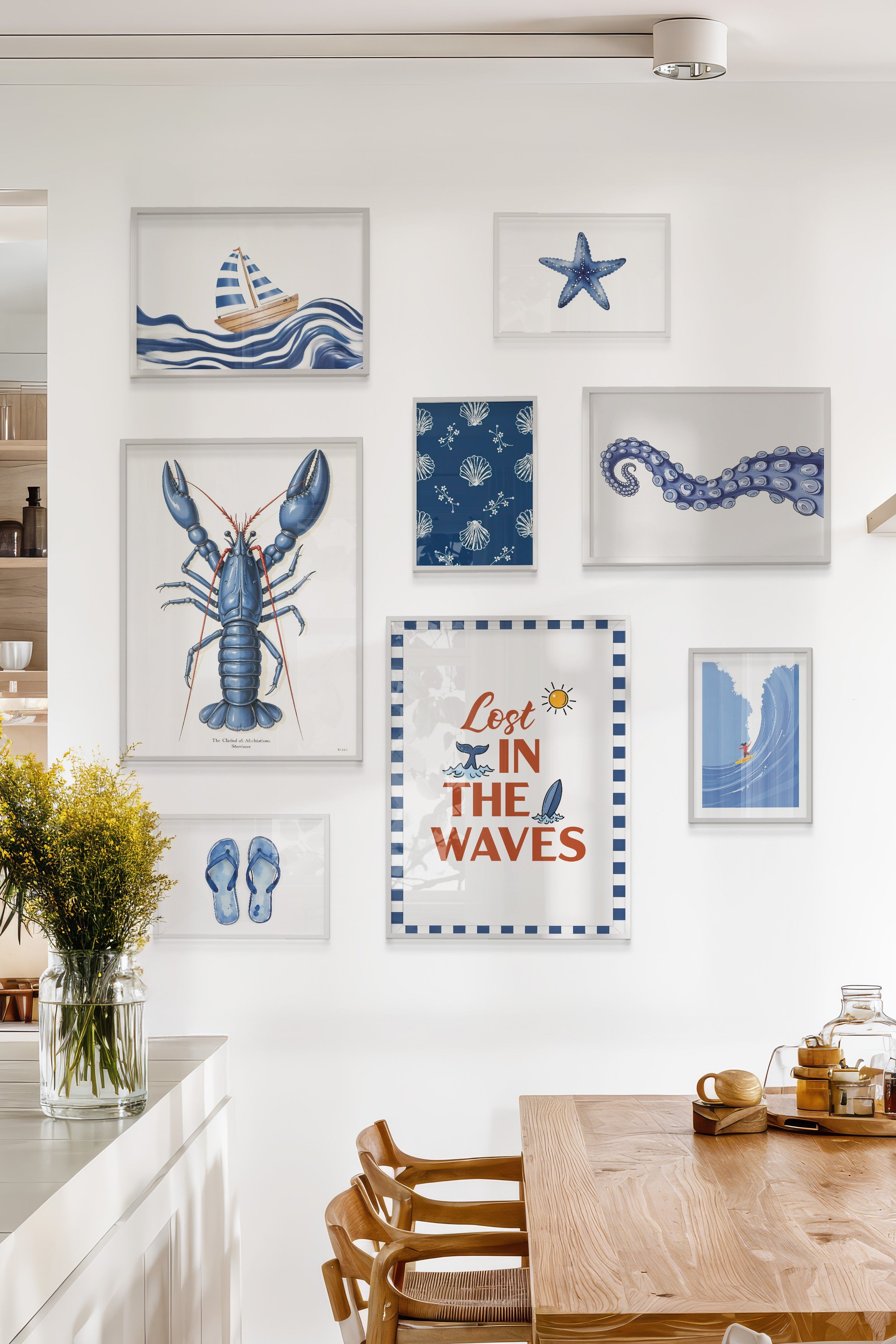 Çerçeveli Poster Seti, 8 Adet Beyaz Çerçeve ve Poster Yaz ve Mavi Temalı Galeri Seti NO:061