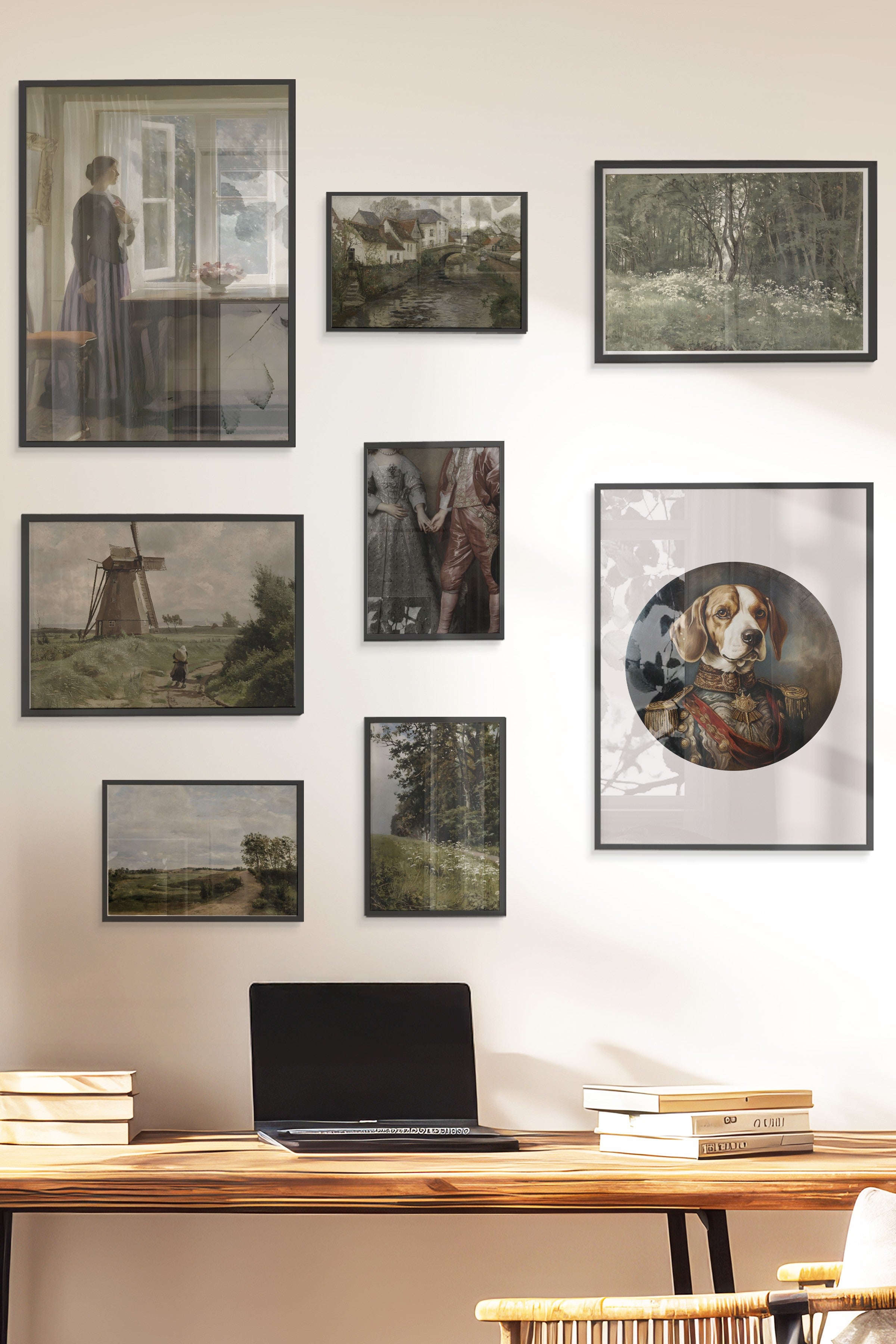 Çerçeveli Poster Seti, 8 Adet Siyah Çerçeve ve Poster Kahverengi Vintage Temalı Galeri Seti NO:065