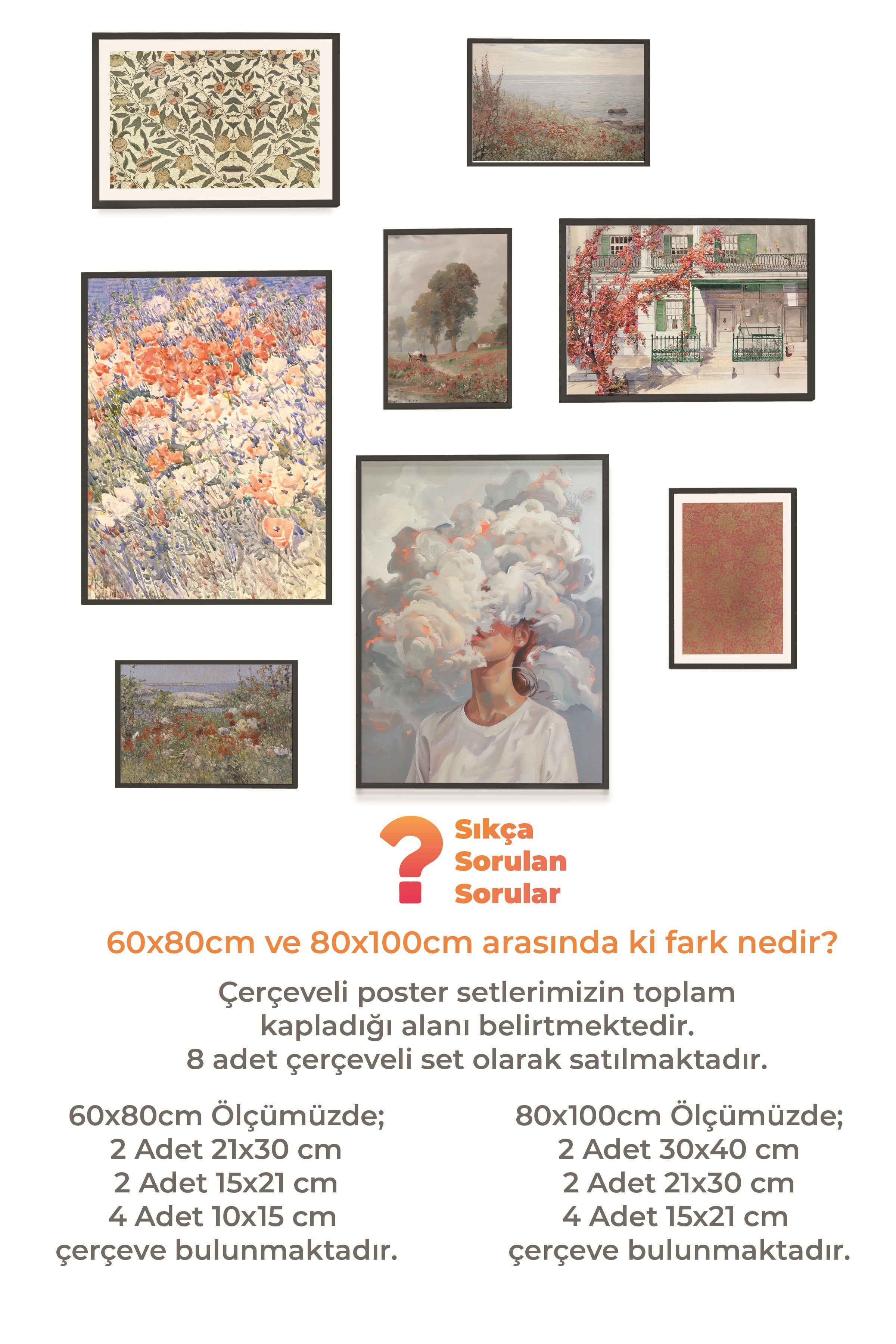 Çerçeveli Poster Seti, 8 Adet Siyah Çerçeve ve Poster Retro Temalı Galeri Seti NO:071