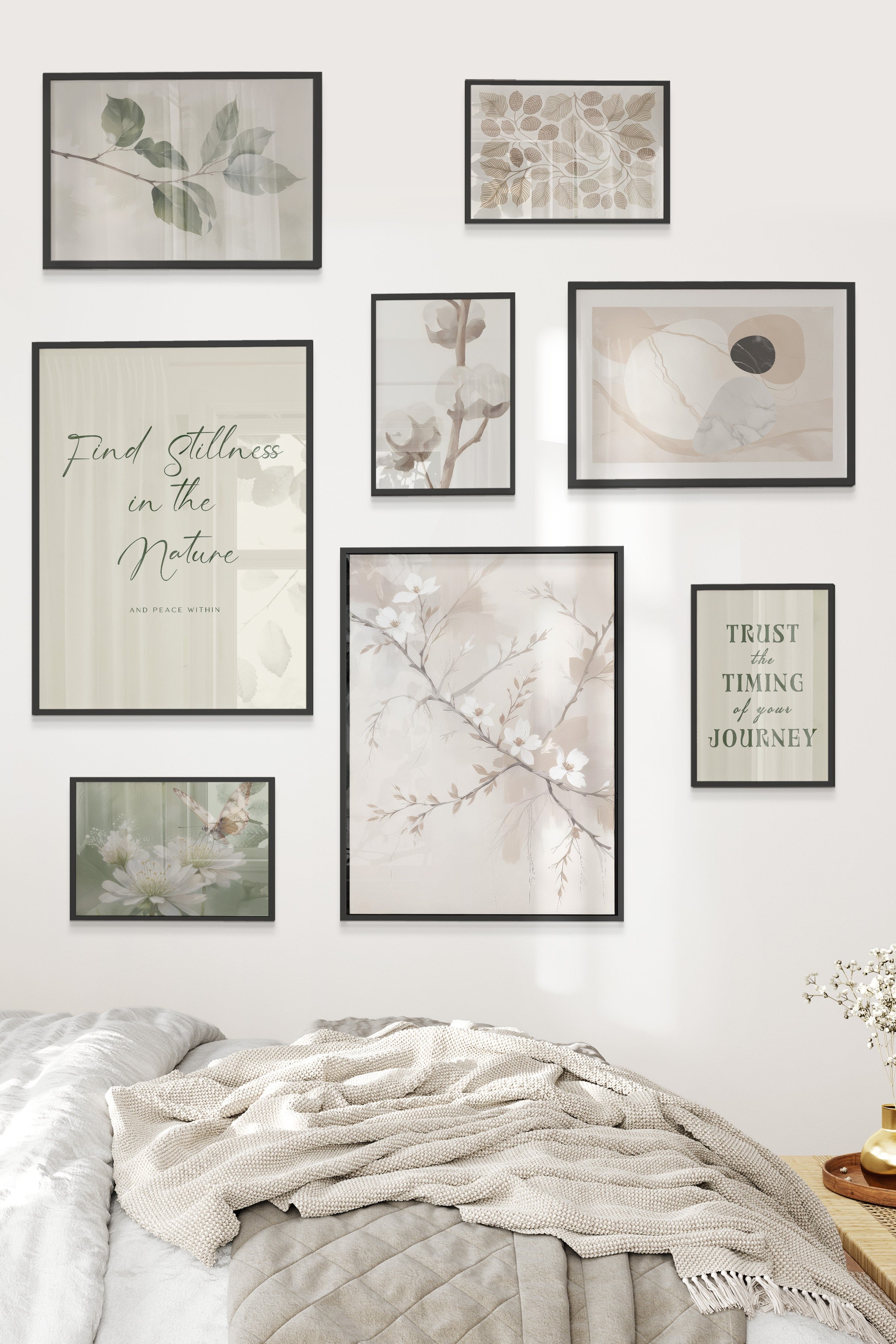 Çerçeveli Poster Seti, 8 Adet Siyah Çerçeve ve Poster Soft Beyaz Vintage Temalı Galeri Seti NO:064