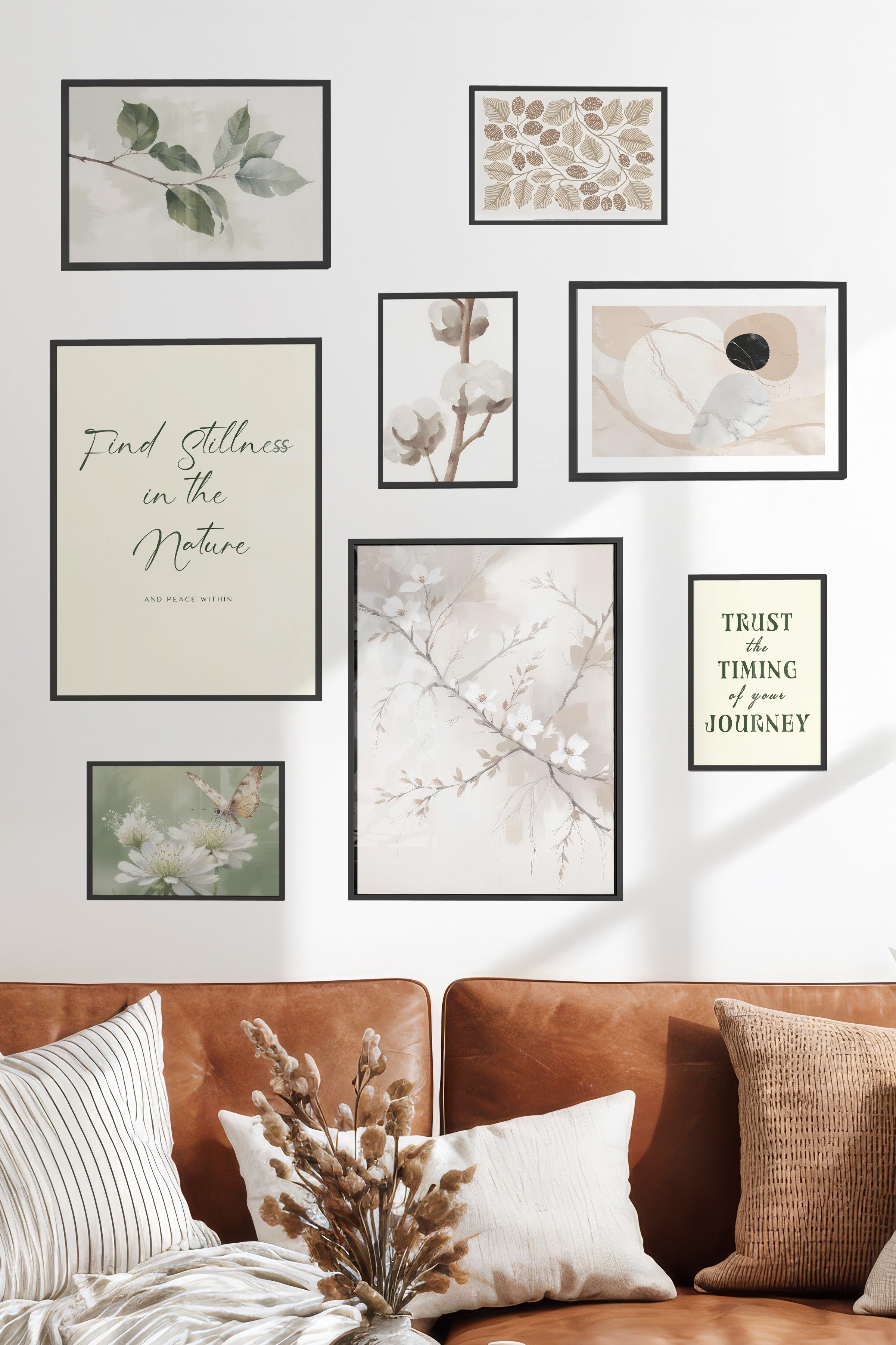 Çerçeveli Poster Seti, 8 Adet Siyah Çerçeve ve Poster Soft Beyaz Vintage Temalı Galeri Seti NO:064