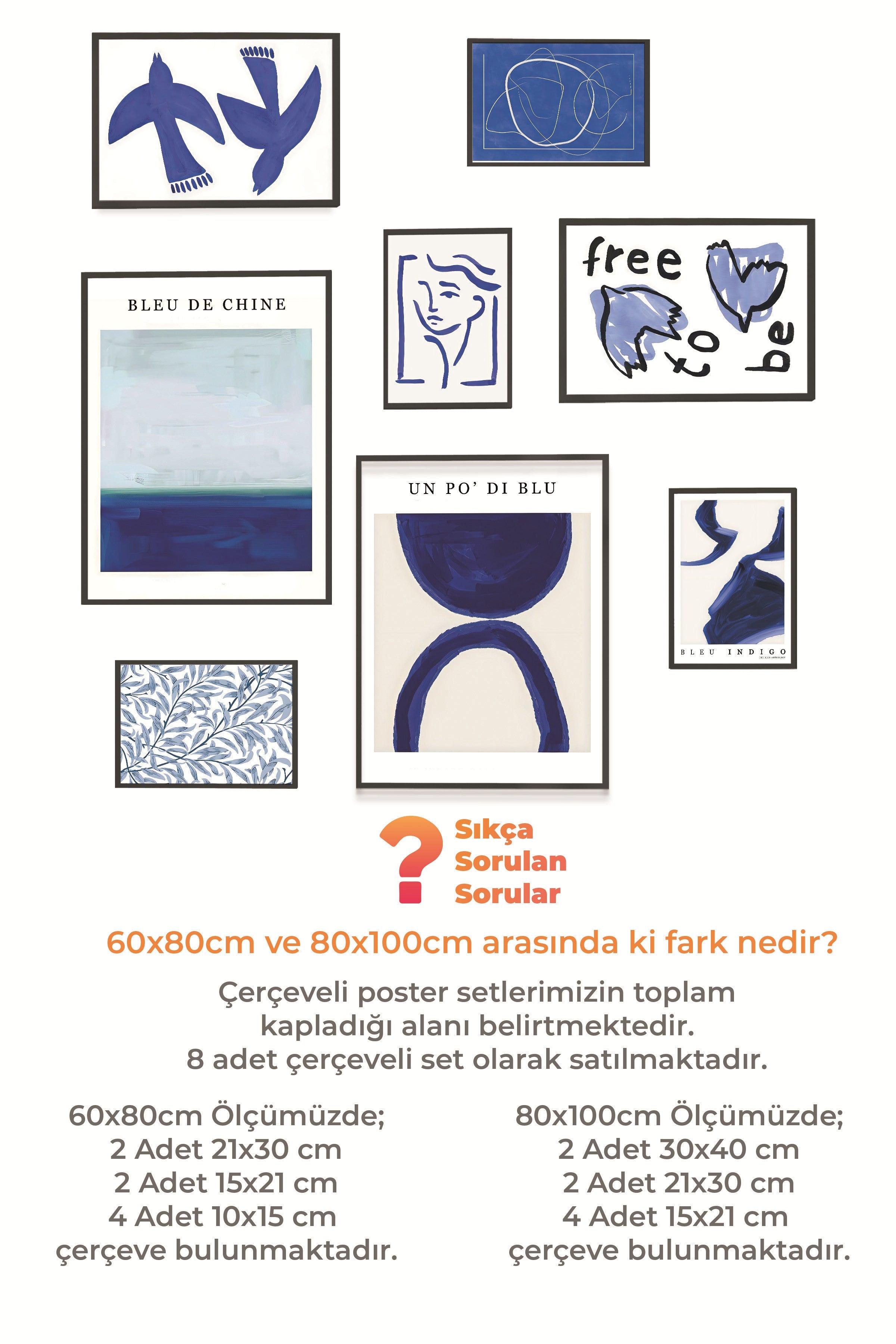 Çerçeveli Poster Seti, 8 Adet Siyah Çerçeve ve Poster Soyut Mavi Temalı Galeri Seti NO:078