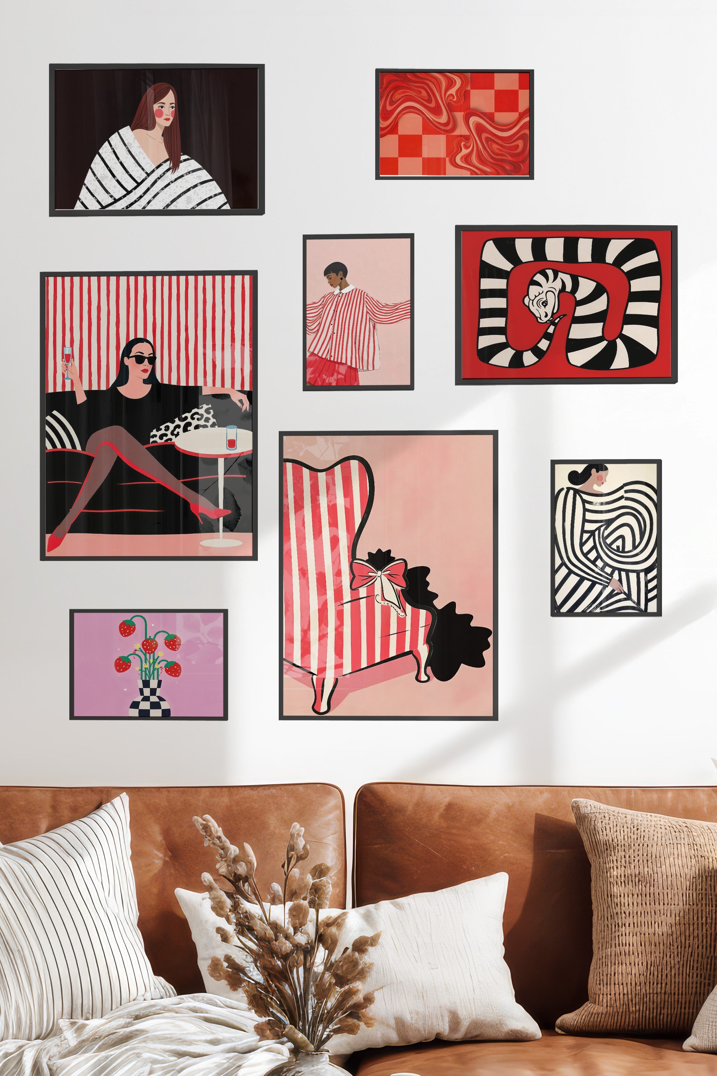 Çerçeveli Poster Seti, 8 Adet Siyah Çerçeve ve Poster Vintage Pembe Temalı Galeri Seti NO:075