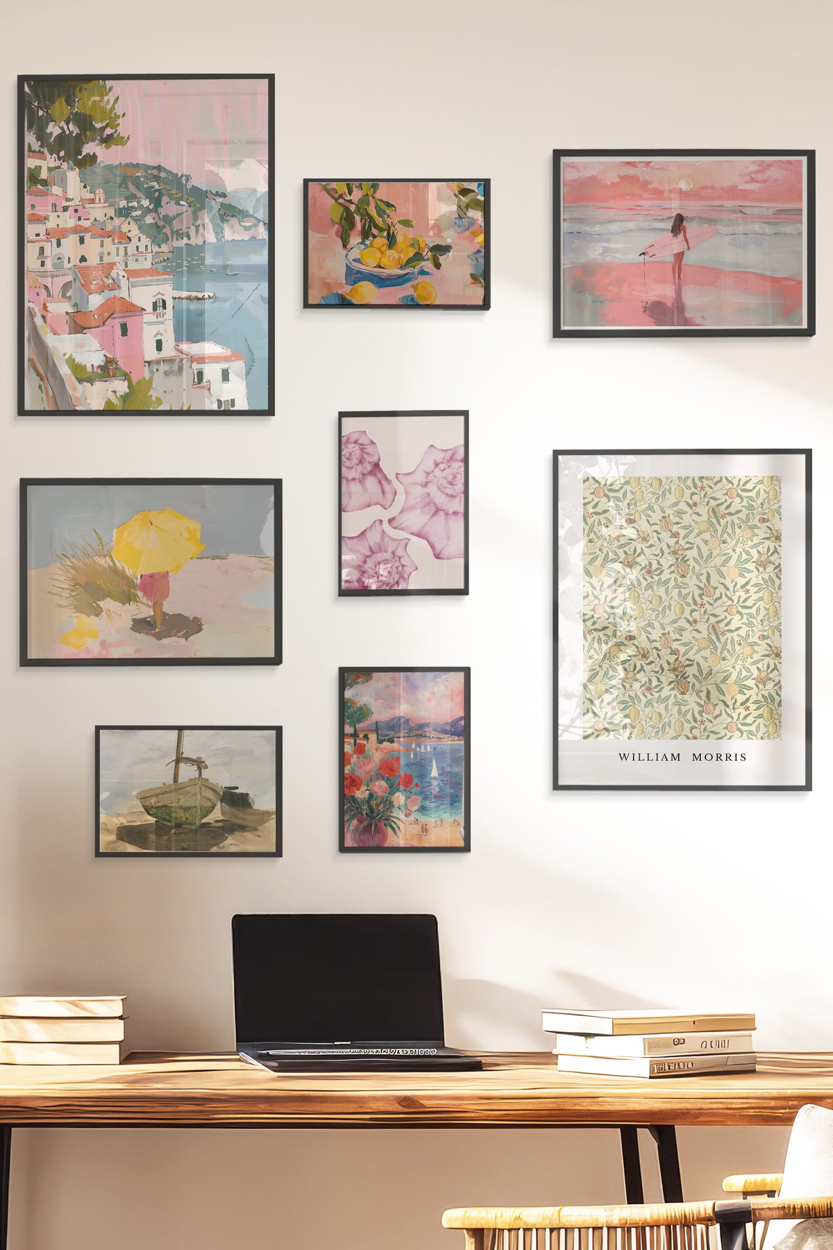 Çerçeveli Poster Seti, 8 Adet Siyah Çerçeve ve Poster Vintage Yaz Temalı Galeri Seti NO:060