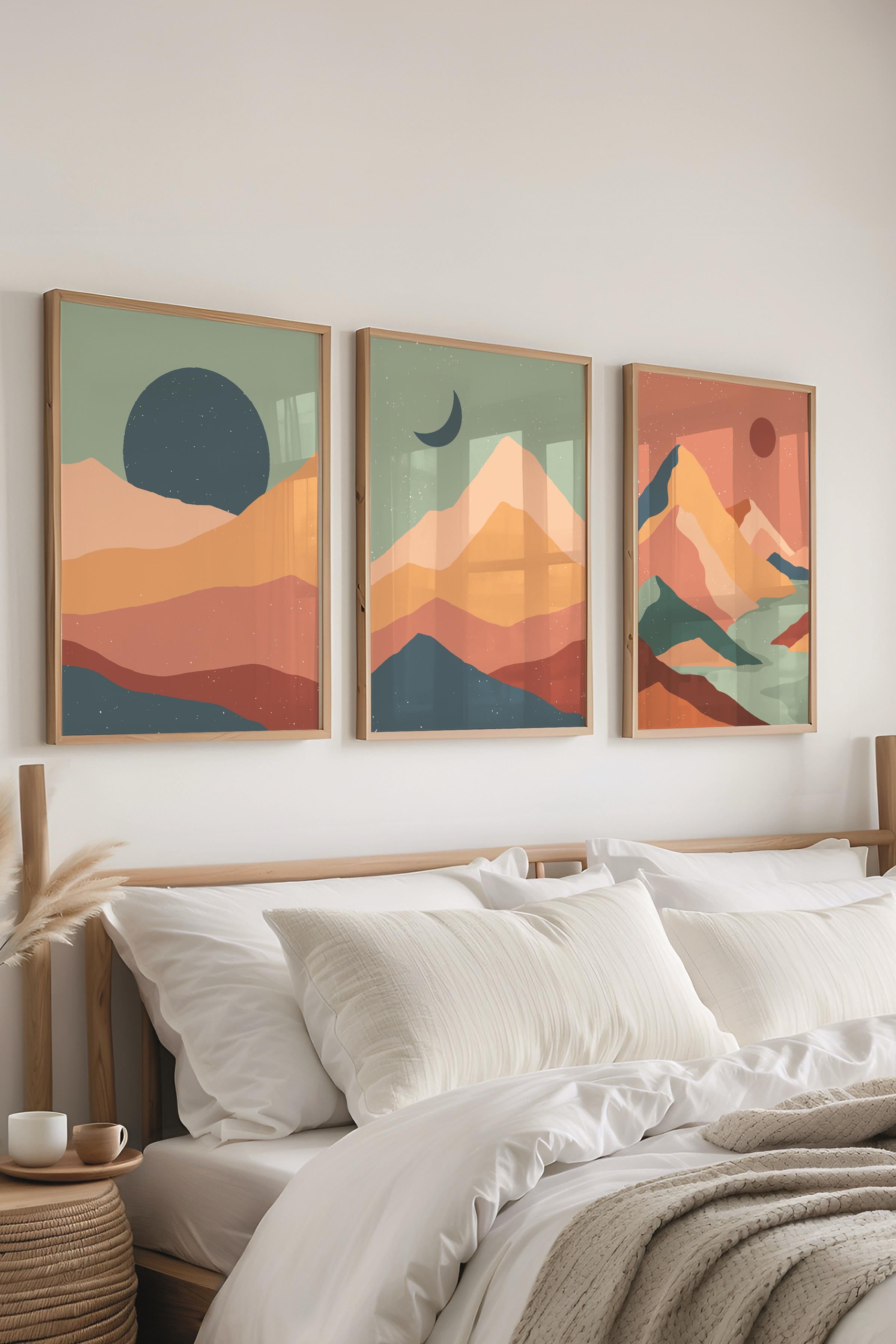 Çerçeveli Tablo Seti, 3 Adet Ahşap Çerçeve ve Boho Temalı Poster Seti, Duvar Tablosu No:300638