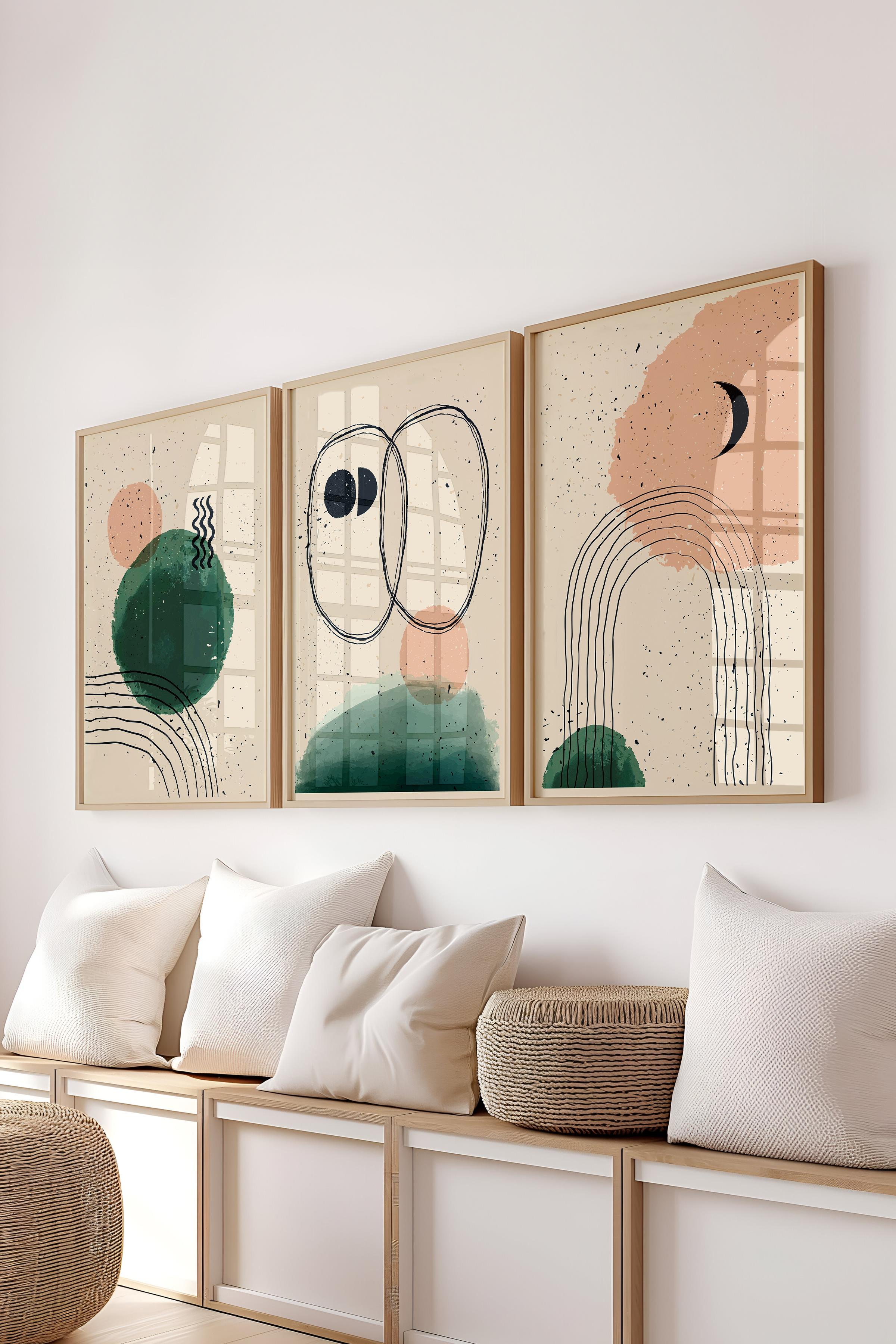 Çerçeveli Tablo Seti, 3 Adet Ahşap Çerçeve ve Geometrik Boho Temalı Poster Seti, No:300671