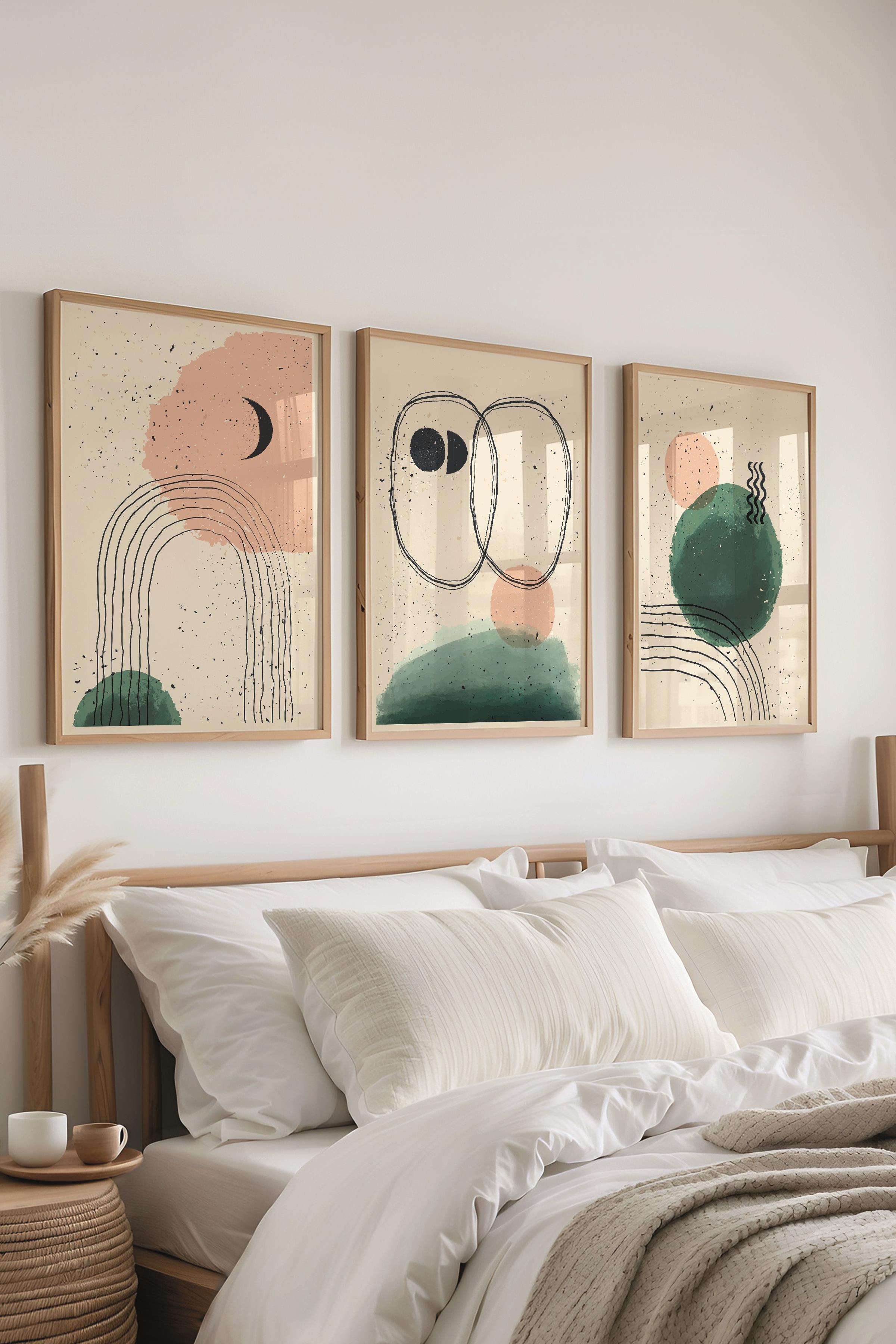 Çerçeveli Tablo Seti, 3 Adet Ahşap Çerçeve ve Geometrik Boho Temalı Poster Seti, No:300671