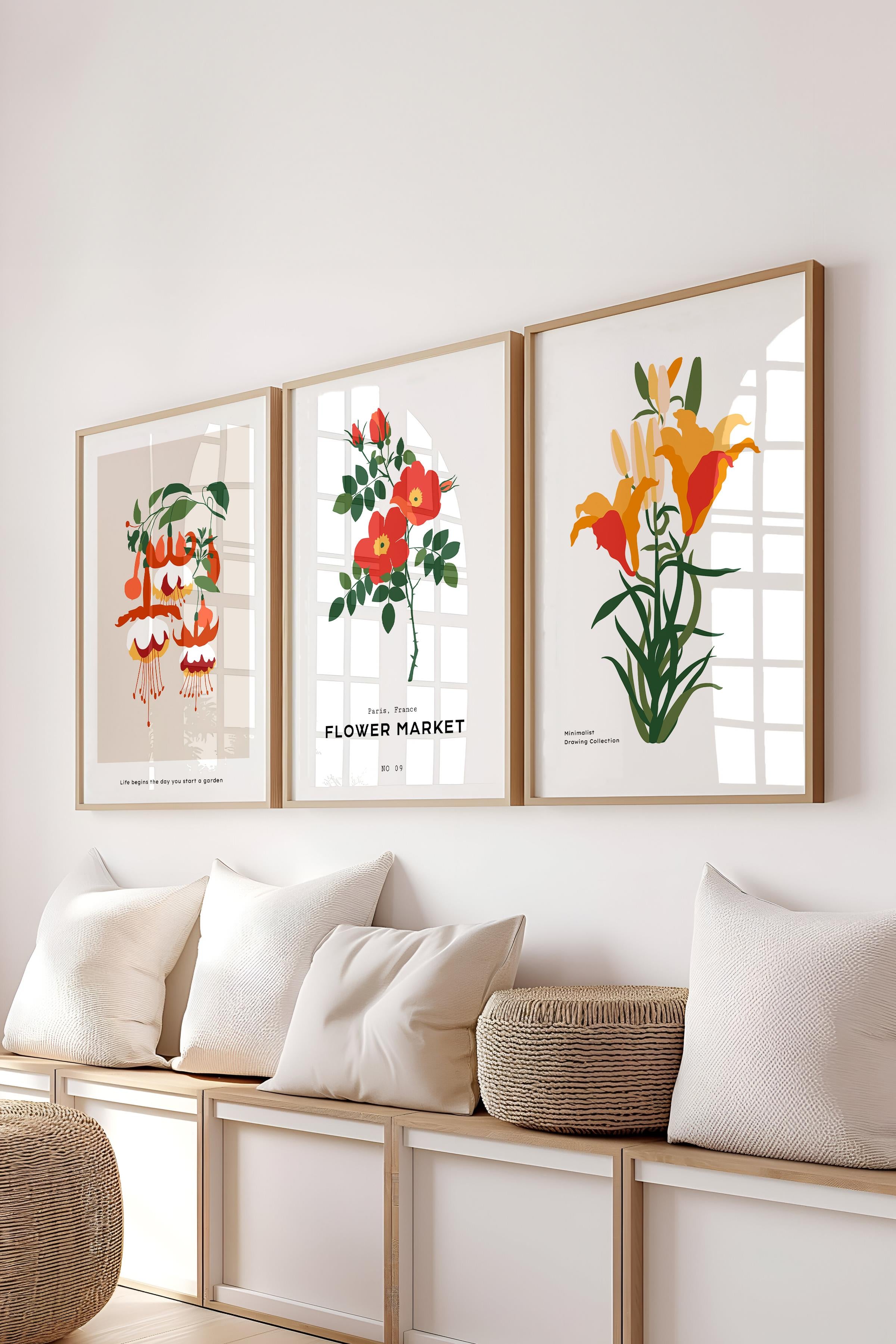 Çerçeveli Tablo Seti, 3 Adet Ahşap Çerçeve ve Minimalist Botanik Temalı Poster Seti, No:300476