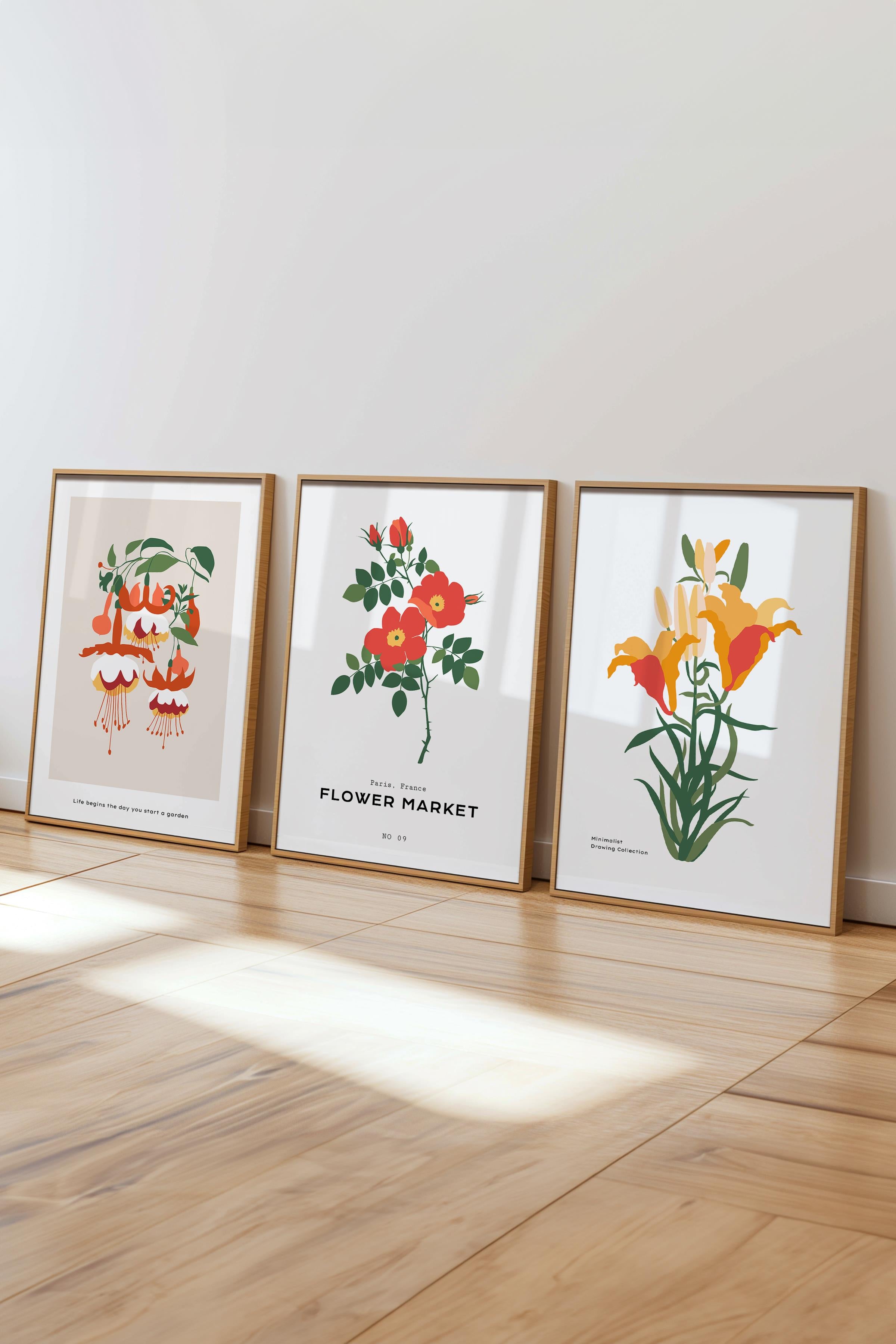 Çerçeveli Tablo Seti, 3 Adet Ahşap Çerçeve ve Minimalist Botanik Temalı Poster Seti, No:300476