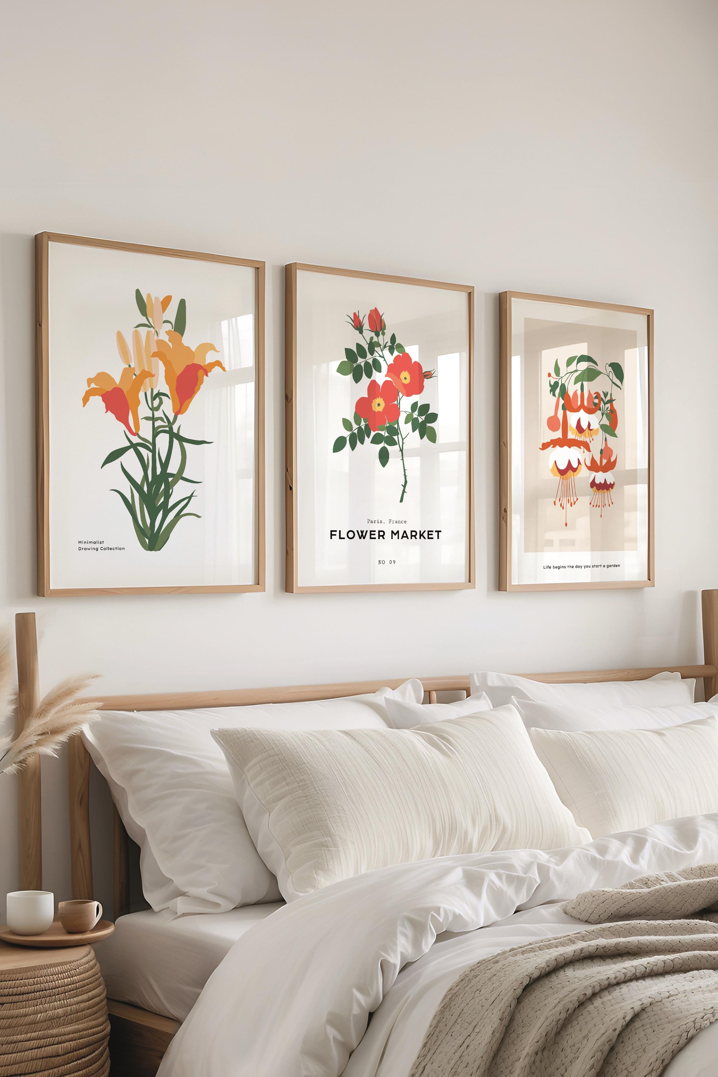 Çerçeveli Tablo Seti, 3 Adet Ahşap Çerçeve ve Minimalist Botanik Temalı Poster Seti, No:300476