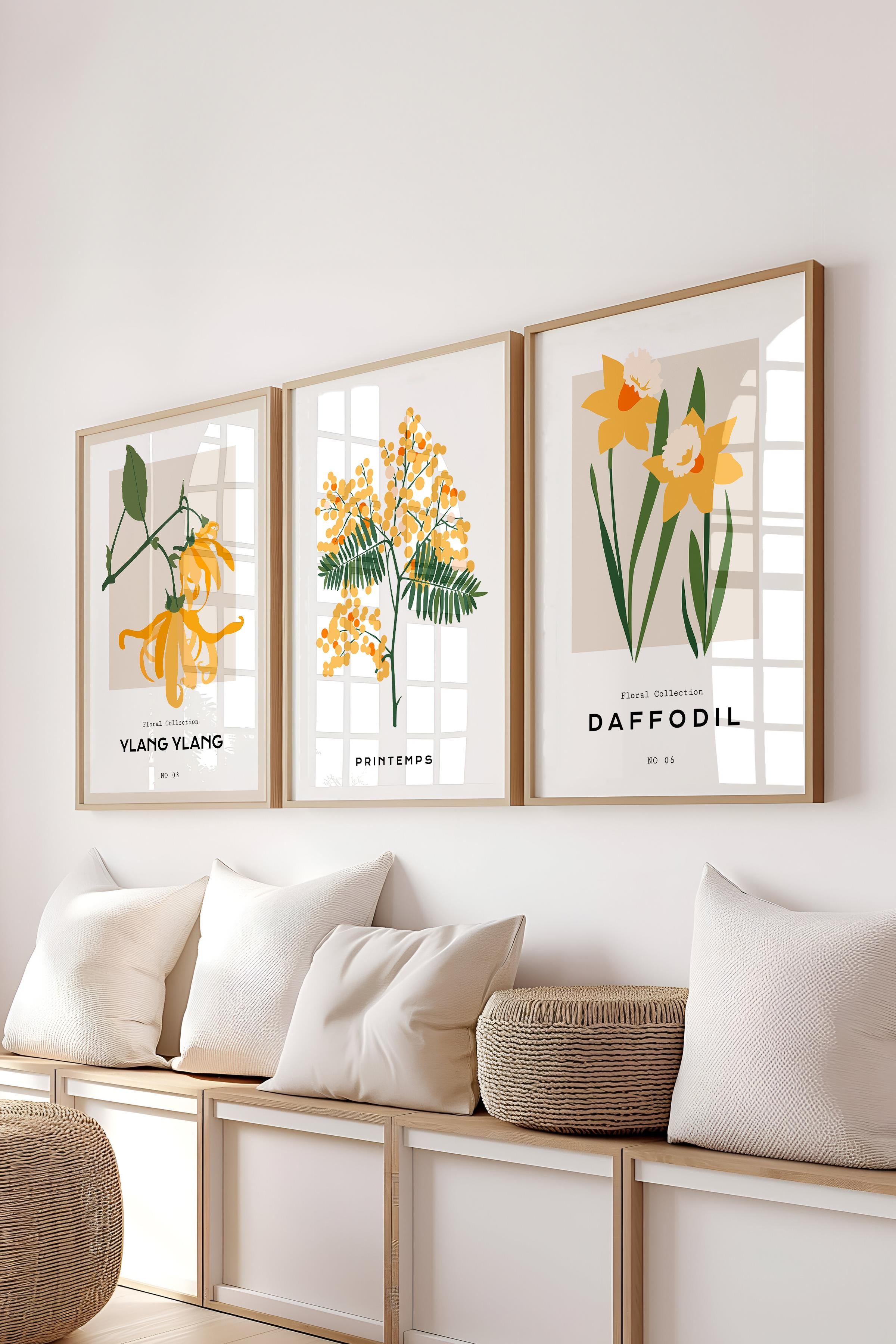 Çerçeveli Tablo Seti, 3 Adet Ahşap Çerçeve ve Minimalist Botanik Temalı Poster Seti, No:300477