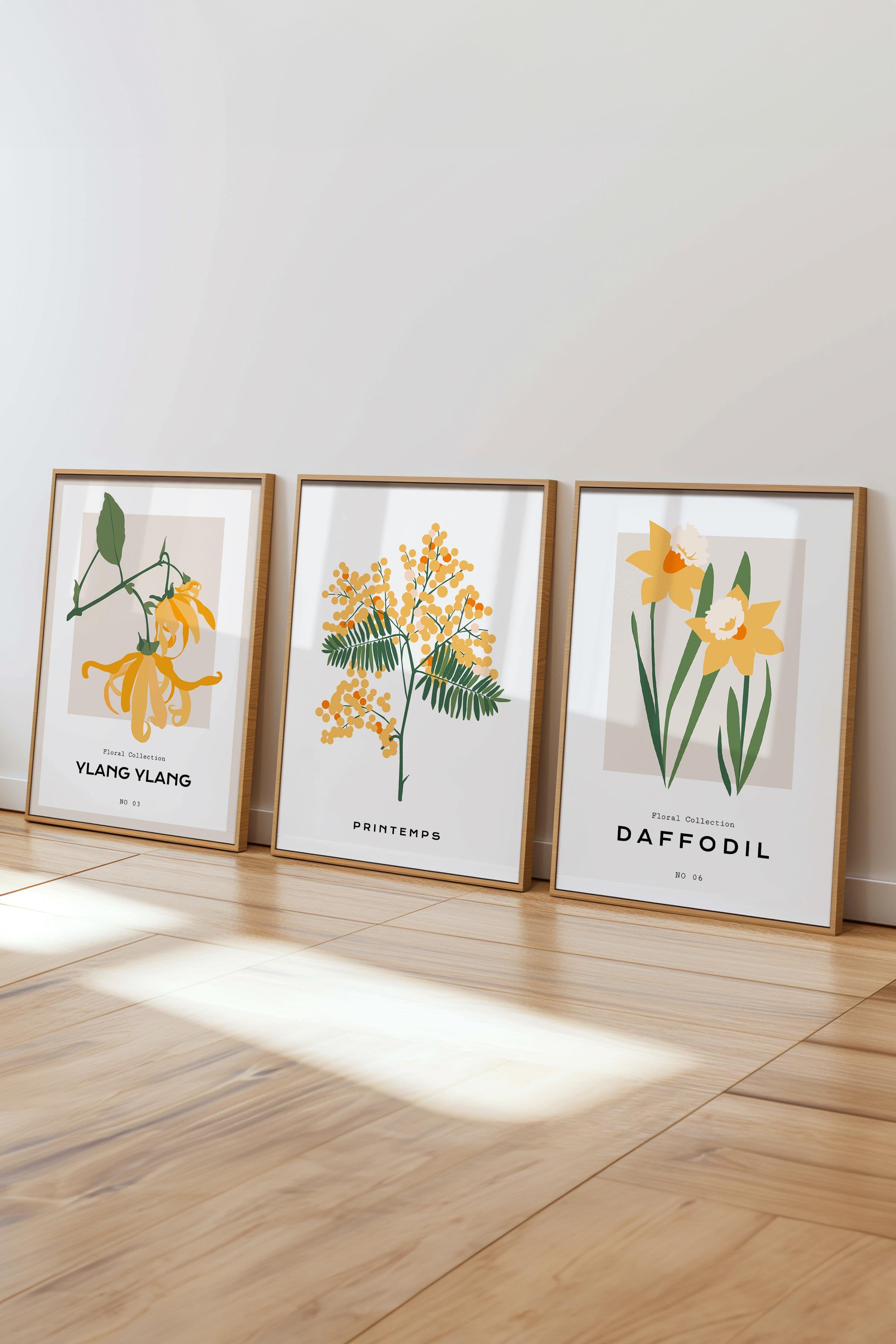 Çerçeveli Tablo Seti, 3 Adet Ahşap Çerçeve ve Minimalist Botanik Temalı Poster Seti, No:300477