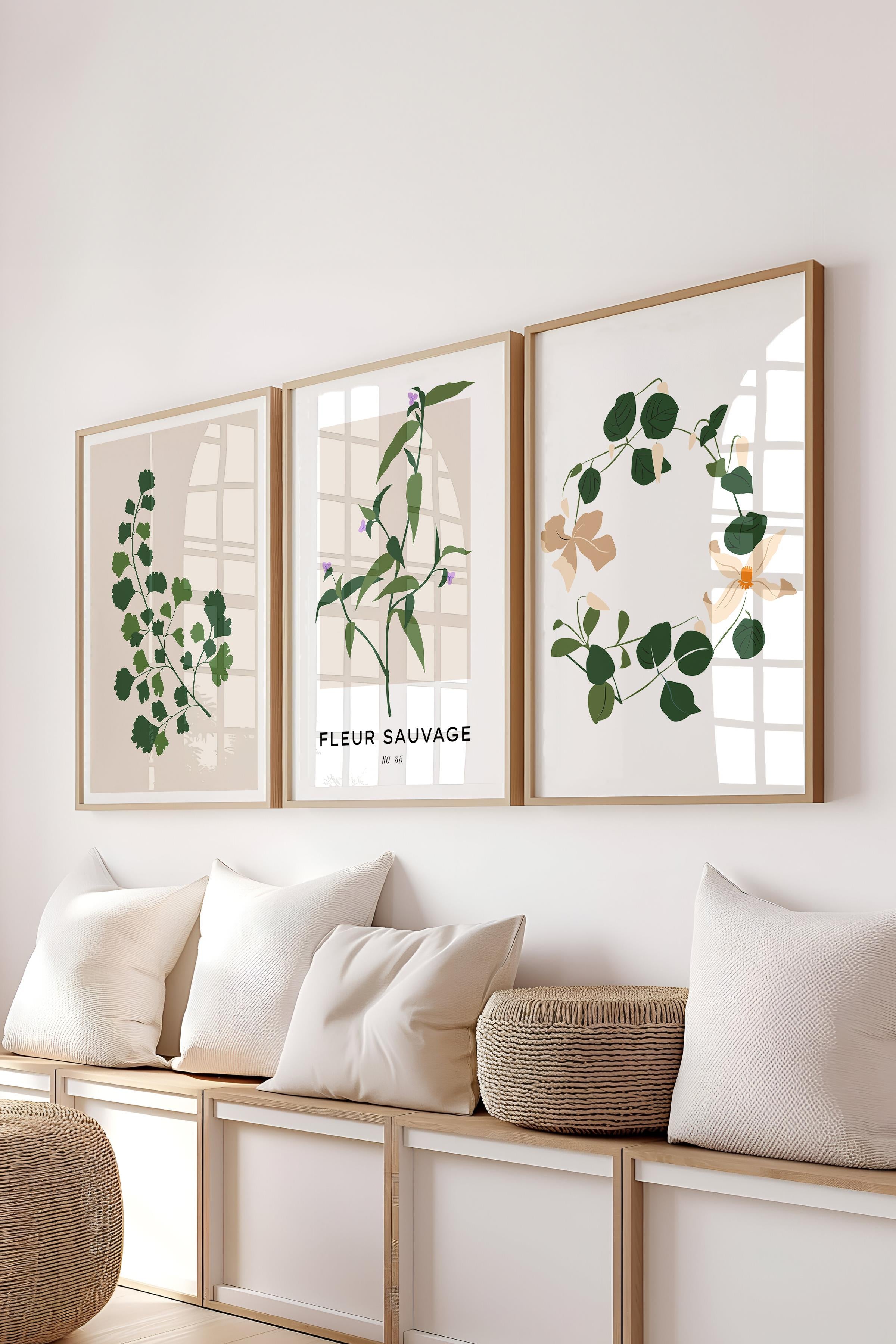 Çerçeveli Tablo Seti, 3 Adet Ahşap Çerçeve ve Minimalist Botanik Temalı Poster Seti, No:300478