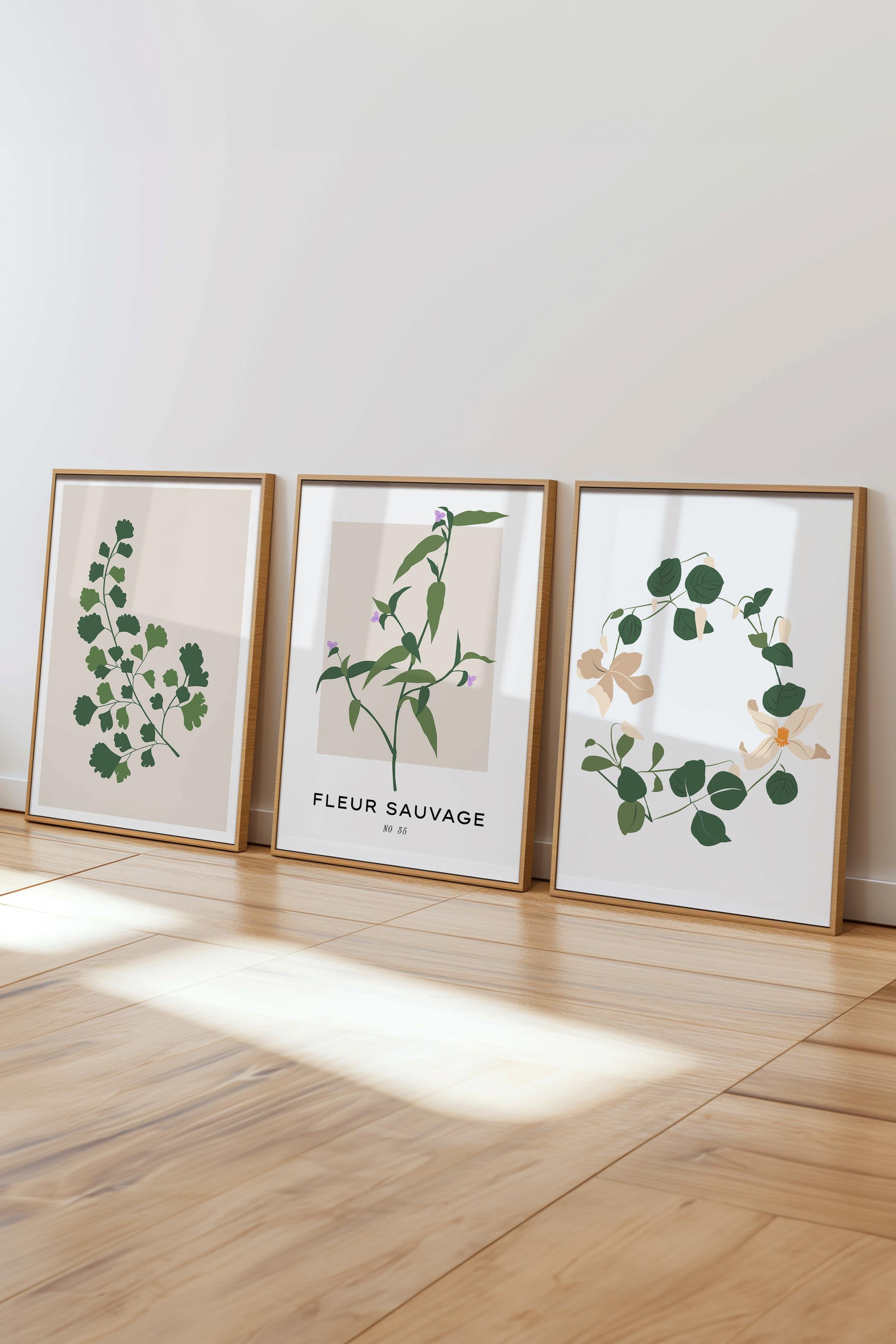 Çerçeveli Tablo Seti, 3 Adet Ahşap Çerçeve ve Minimalist Botanik Temalı Poster Seti, No:300478