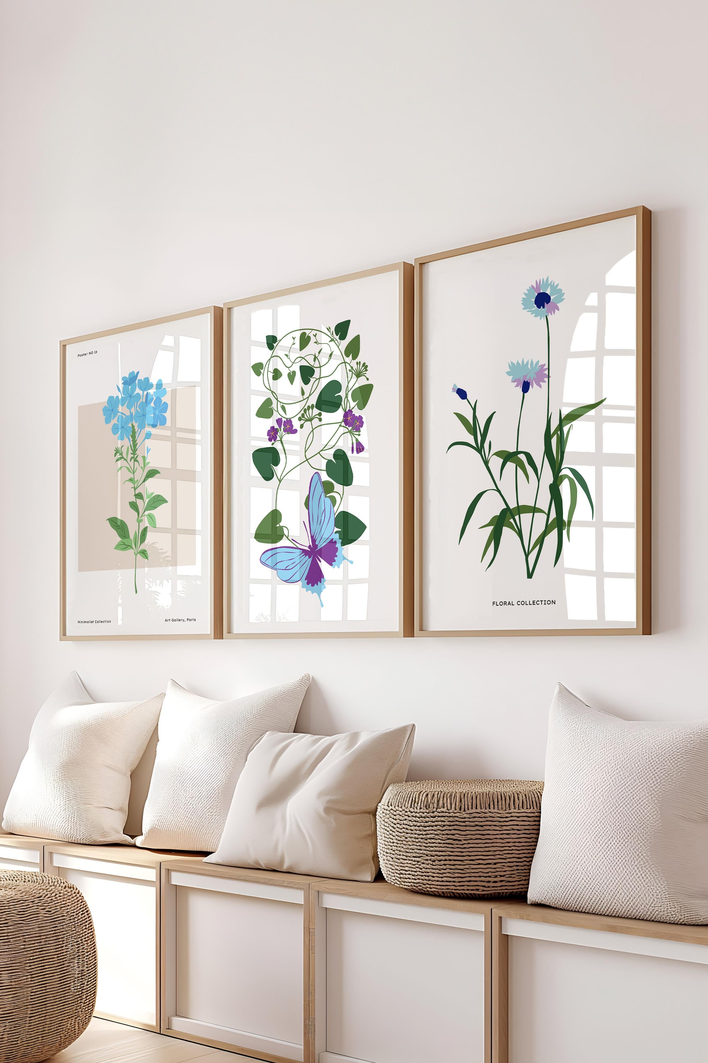 Çerçeveli Tablo Seti, 3 Adet Ahşap Çerçeve ve Minimalist Botanik Temalı Poster Seti, No:300479