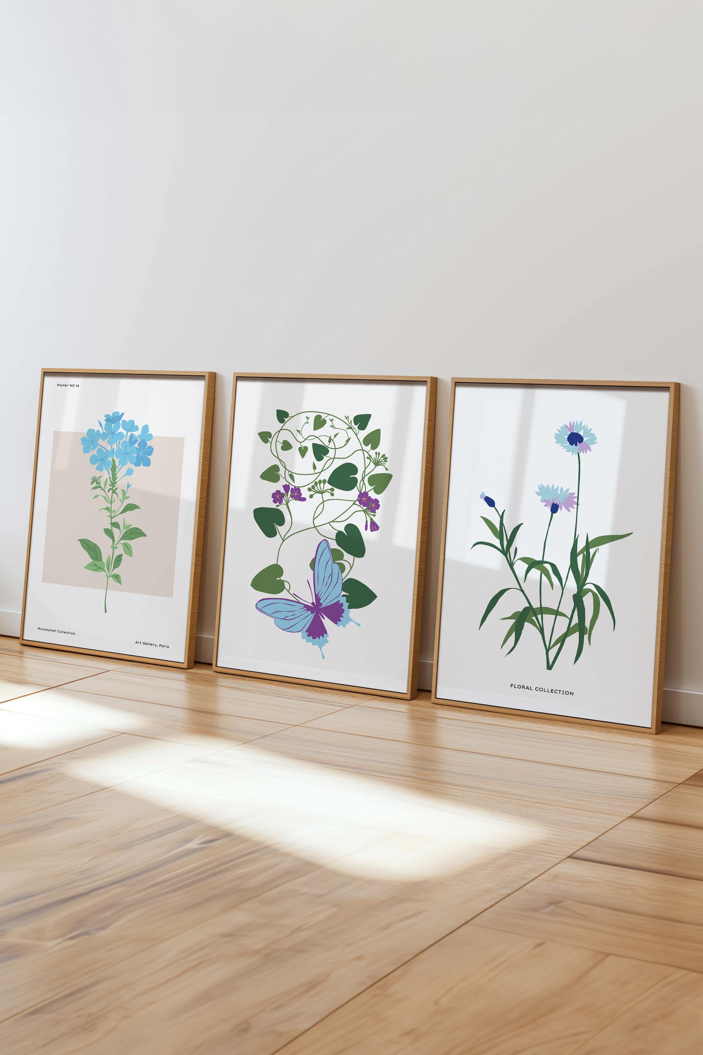 Çerçeveli Tablo Seti, 3 Adet Ahşap Çerçeve ve Minimalist Botanik Temalı Poster Seti, No:300479