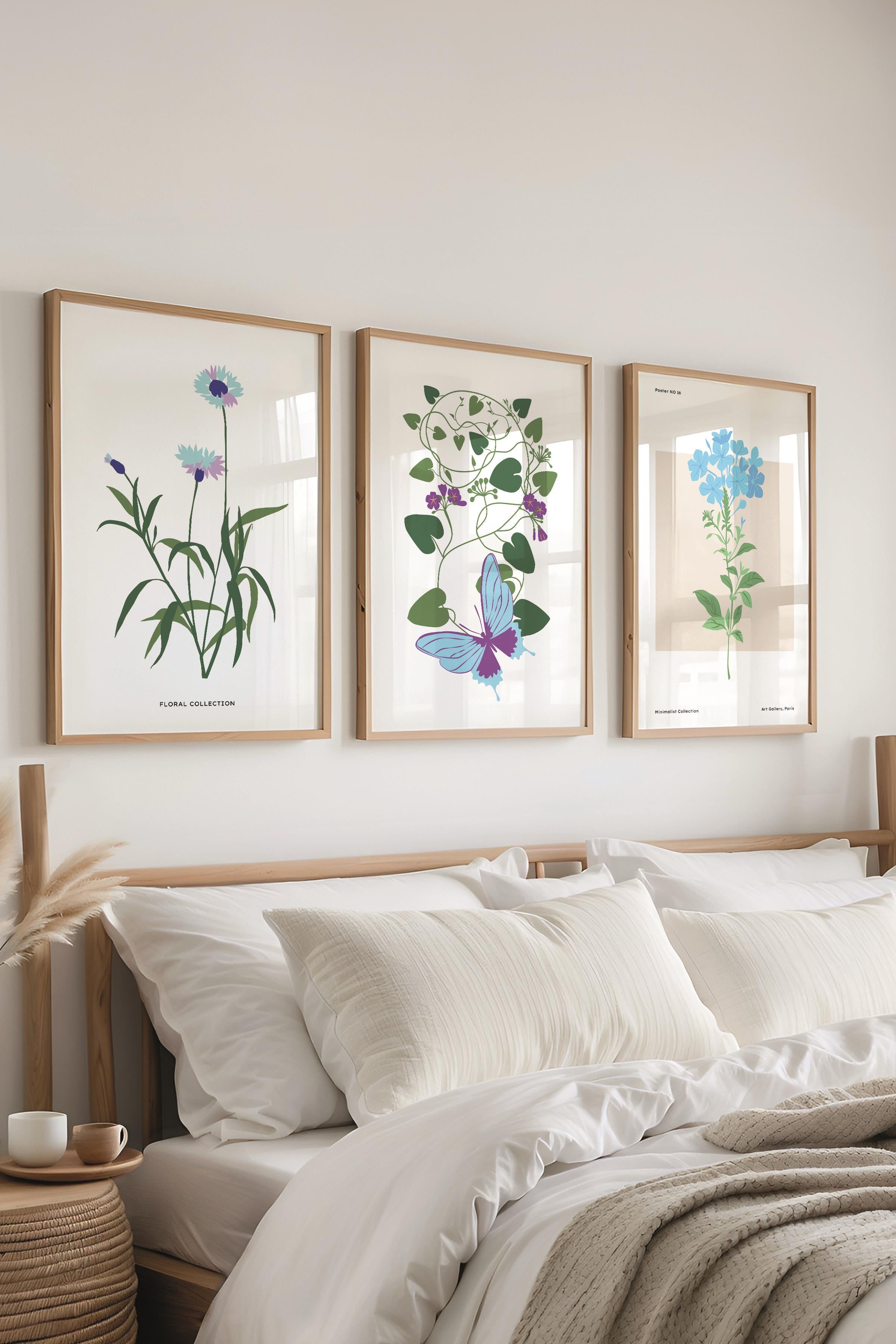 Çerçeveli Tablo Seti, 3 Adet Ahşap Çerçeve ve Minimalist Botanik Temalı Poster Seti, No:300479