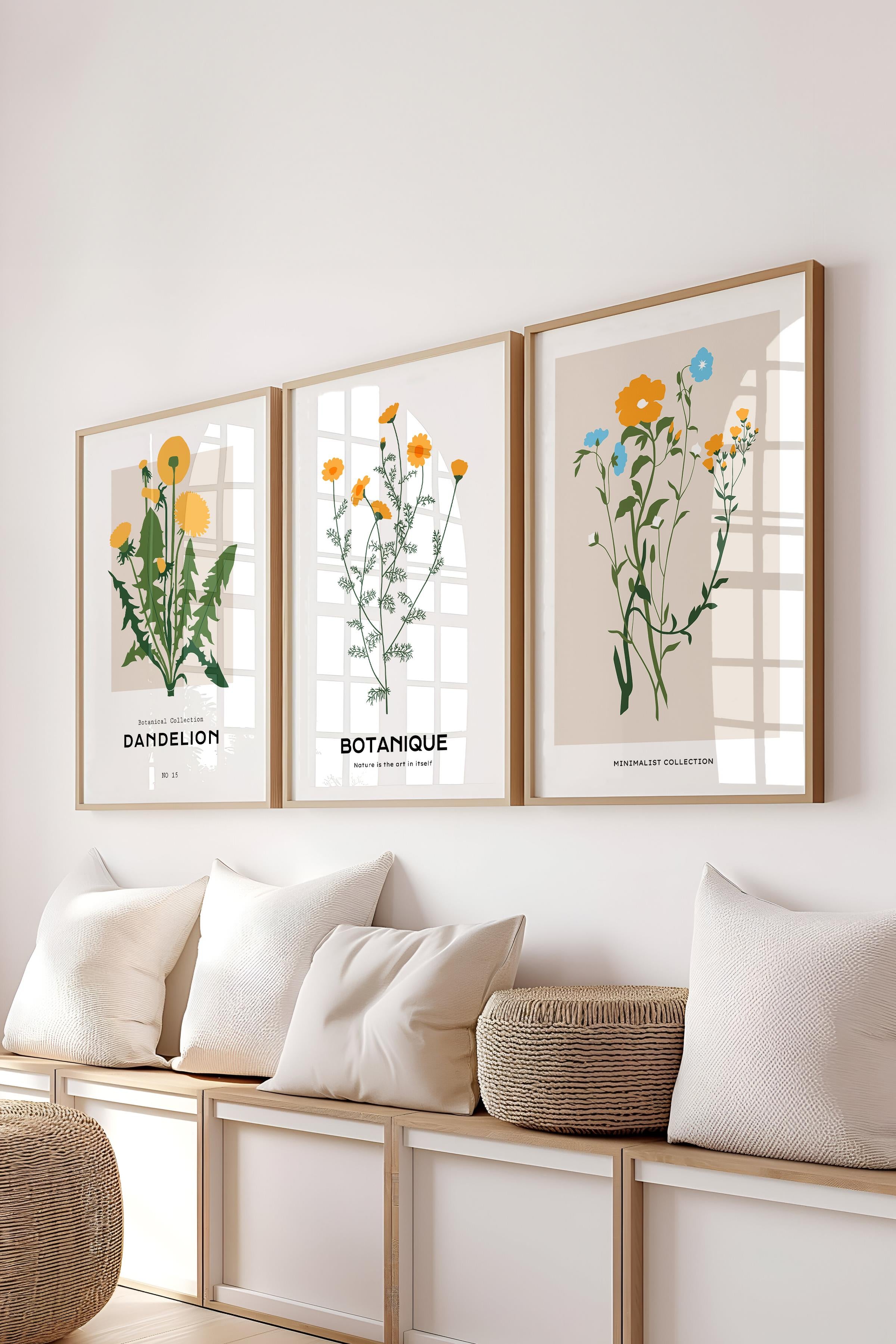 Çerçeveli Tablo Seti, 3 Adet Ahşap Çerçeve ve Minimalist Botanik Temalı Poster Seti, No:300481