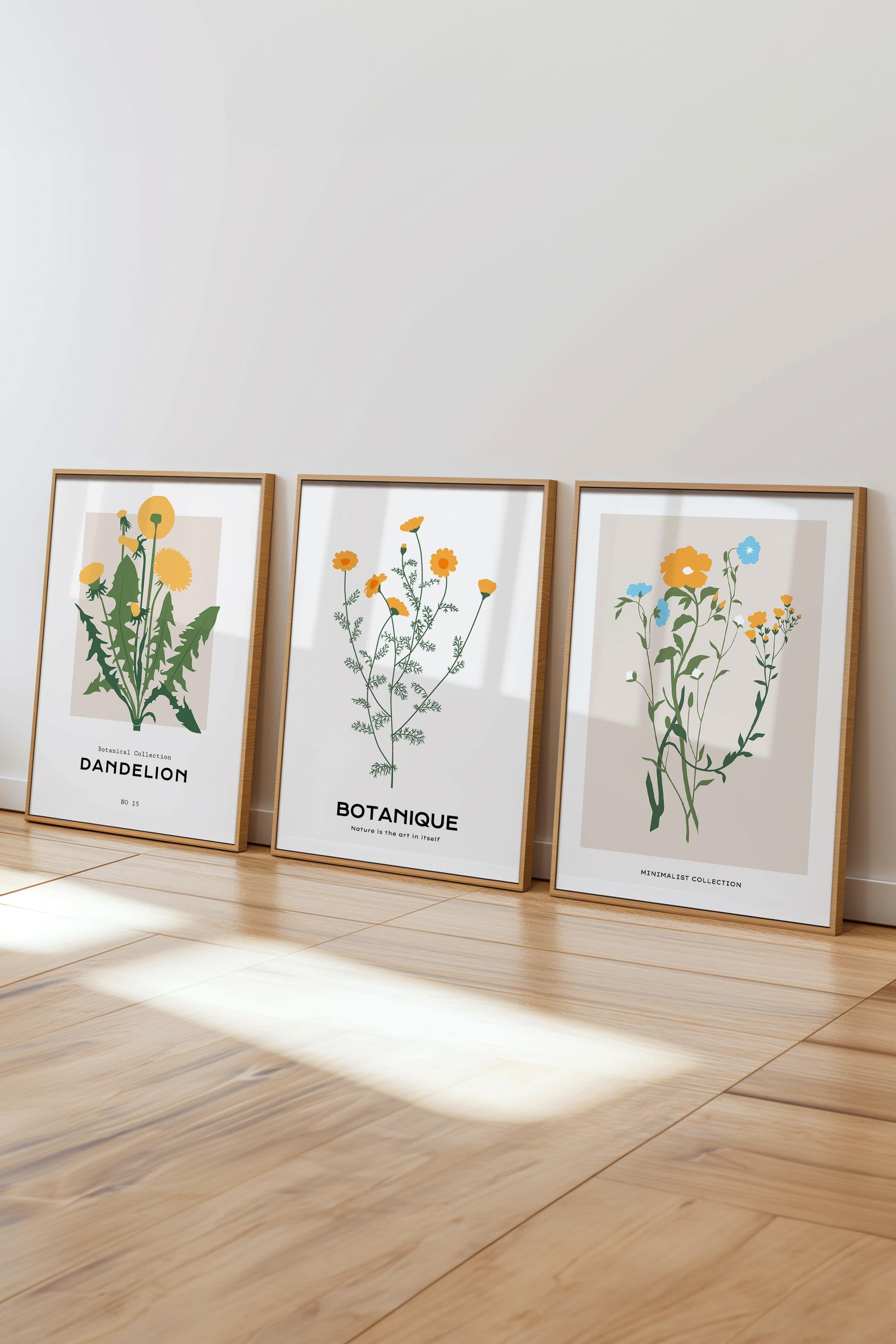 Çerçeveli Tablo Seti, 3 Adet Ahşap Çerçeve ve Minimalist Botanik Temalı Poster Seti, No:300481