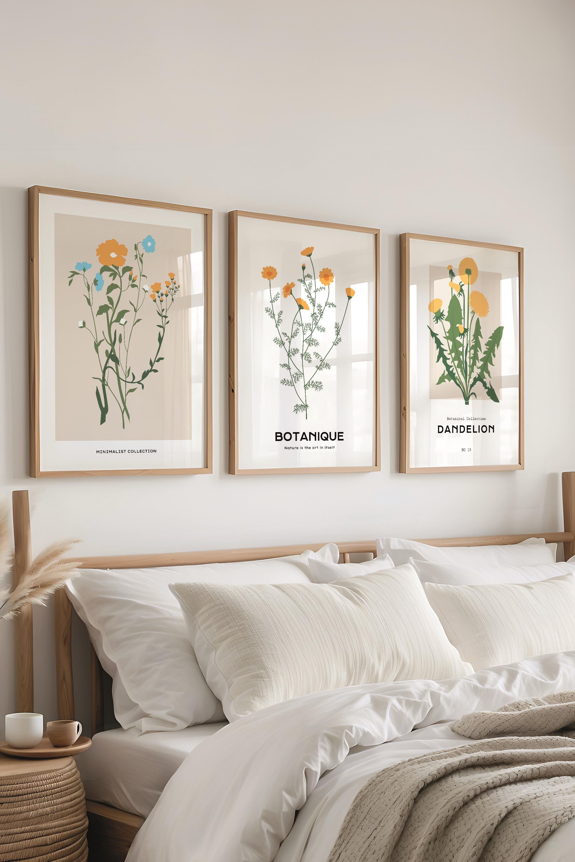 Çerçeveli Tablo Seti, 3 Adet Ahşap Çerçeve ve Minimalist Botanik Temalı Poster Seti, No:300481