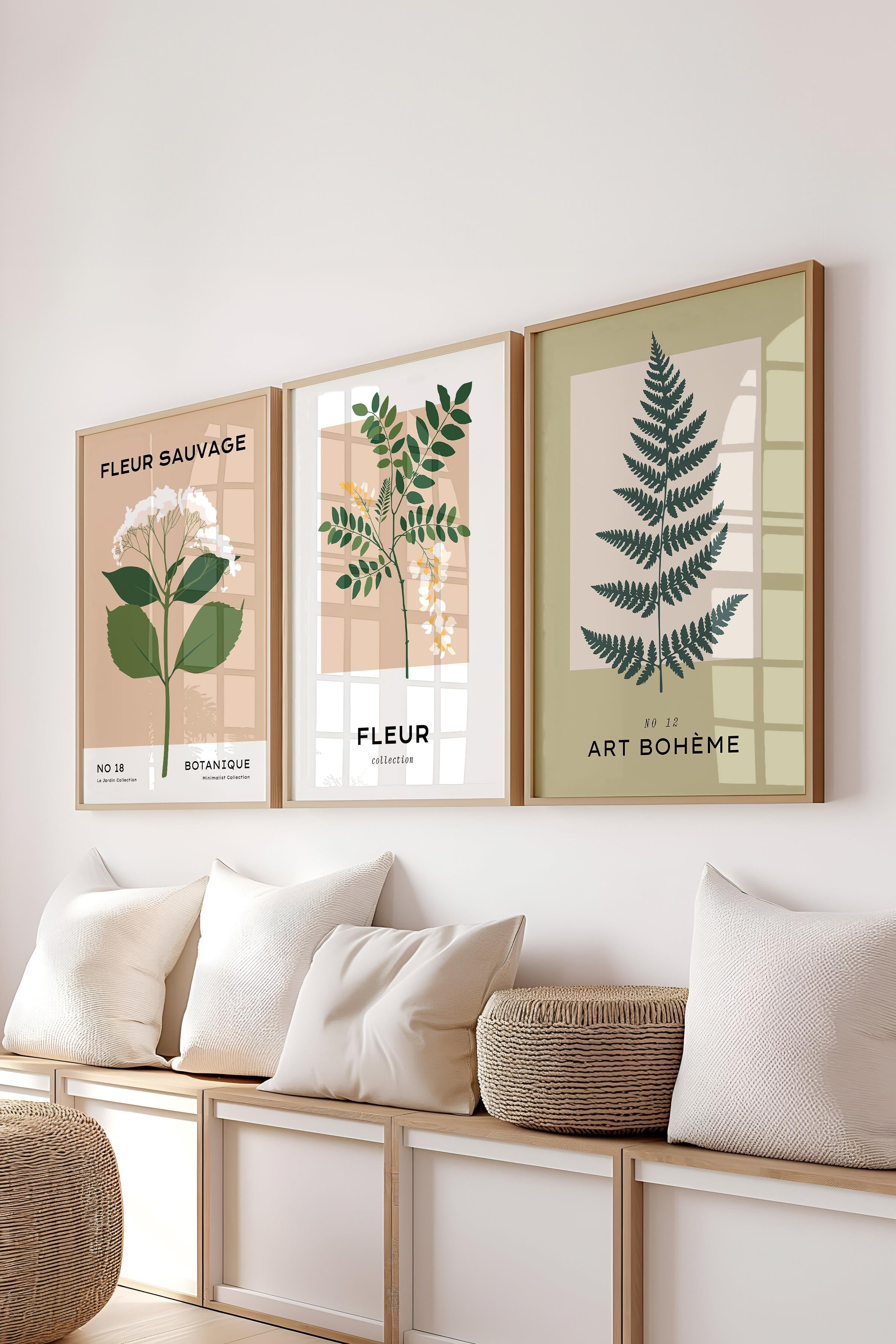 Çerçeveli Tablo Seti, 3 Adet Ahşap Çerçeve ve Minimalist Çiçekler Temalı Poster Seti, No:300485