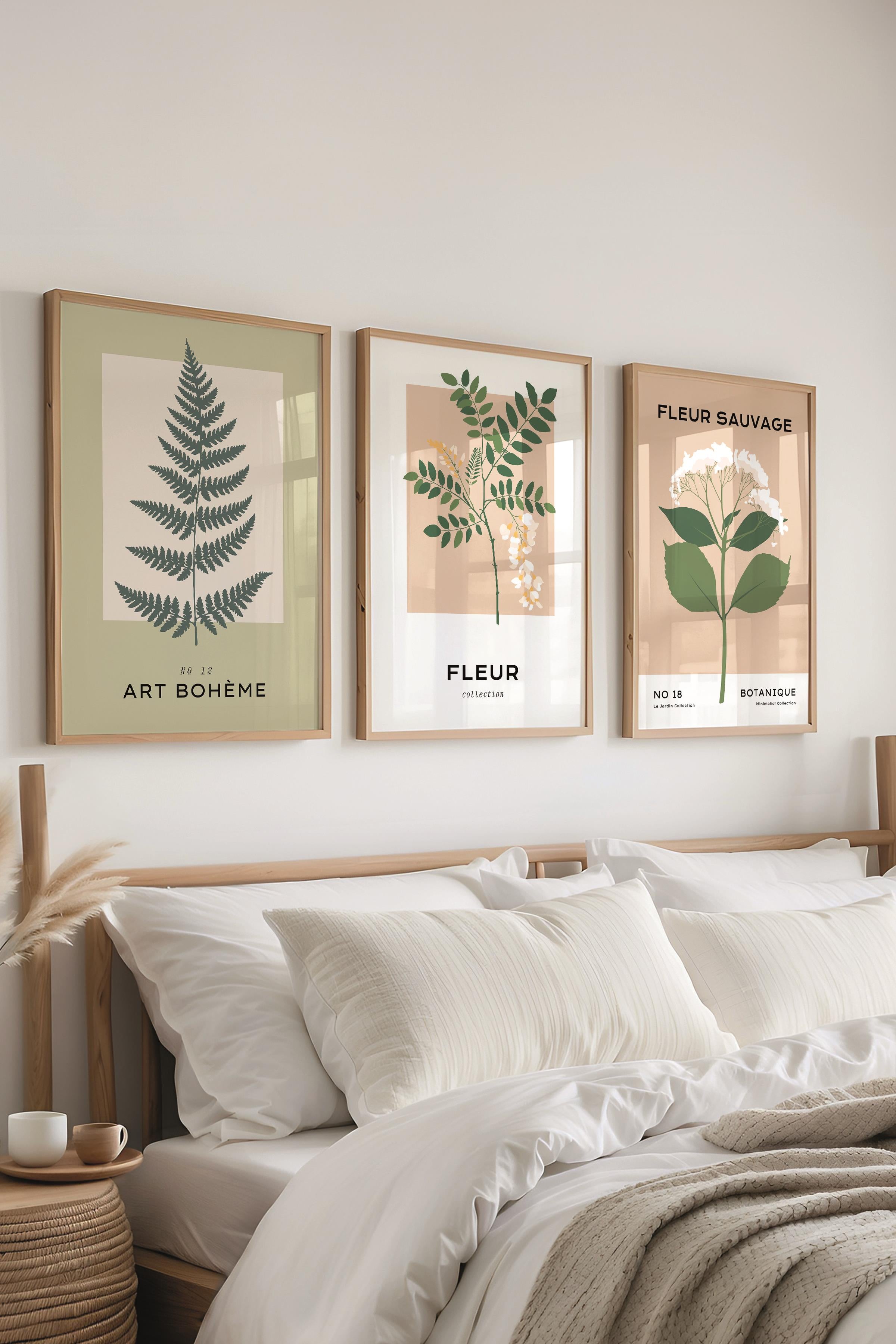 Çerçeveli Tablo Seti, 3 Adet Ahşap Çerçeve ve Minimalist Çiçekler Temalı Poster Seti, No:300485