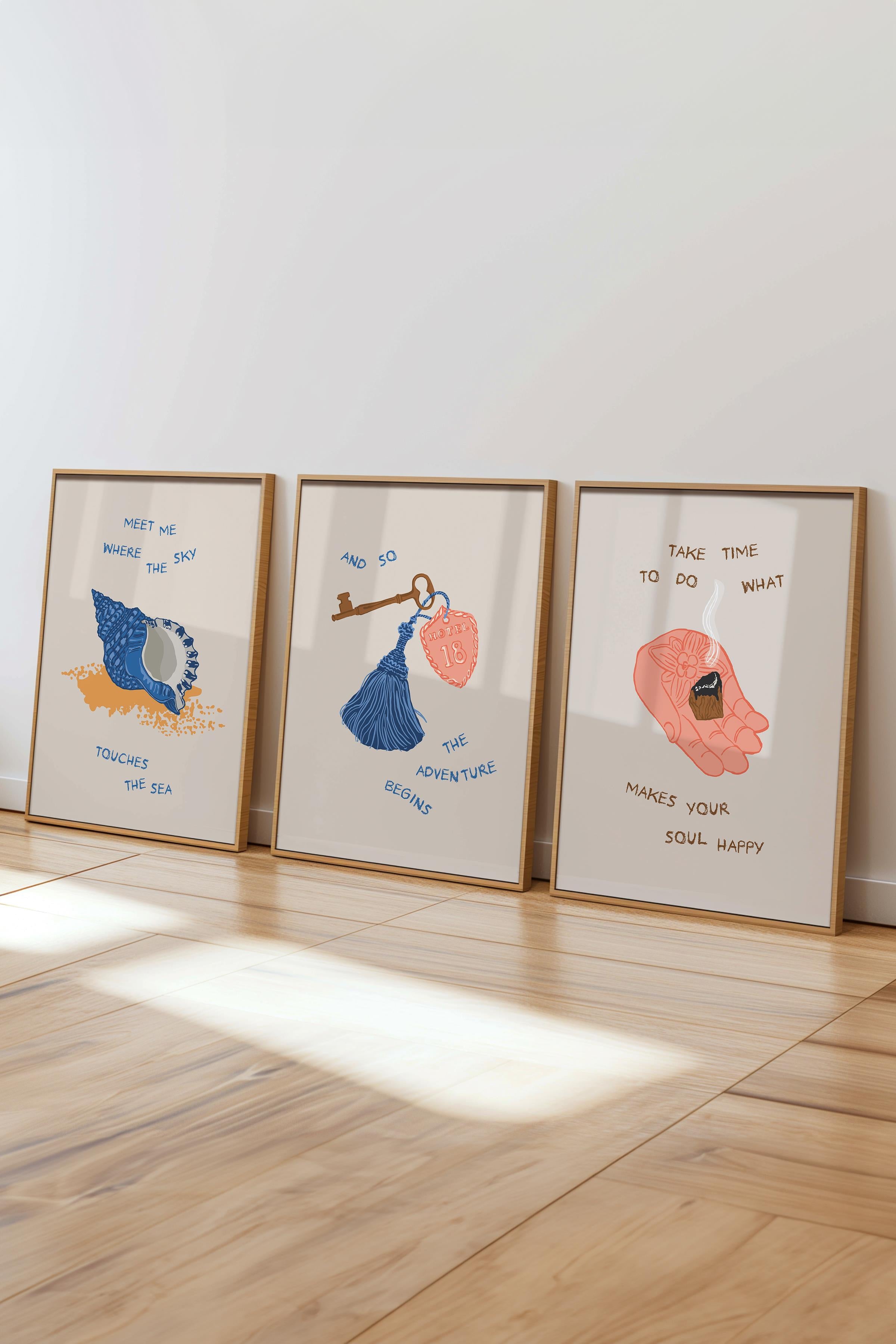 Çerçeveli Tablo Seti, 3 Adet Ahşap Çerçeve ve Minimalist Çizim Temalı Poster Seti, No:300526