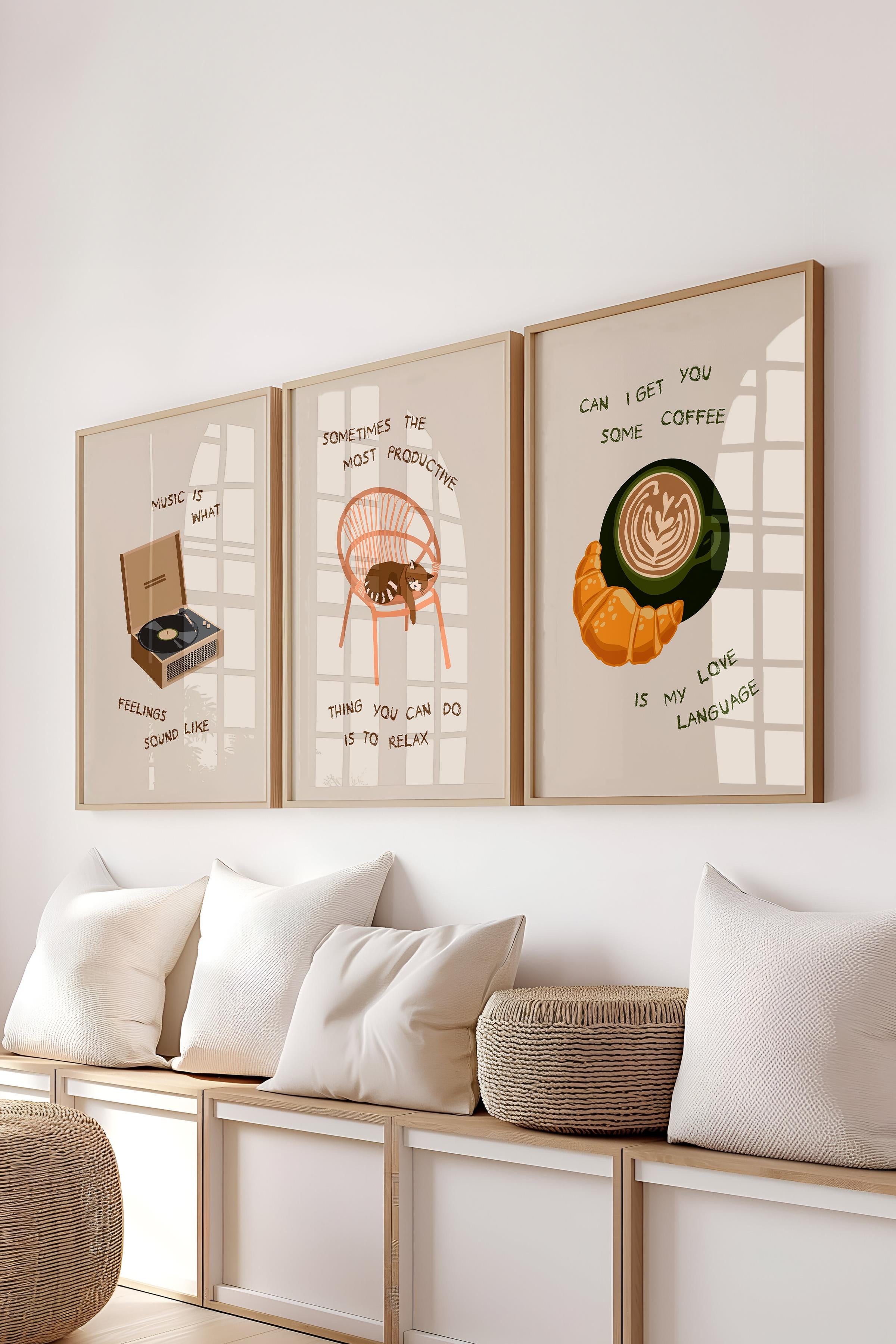 Çerçeveli Tablo Seti, 3 Adet Ahşap Çerçeve ve Minimalist Çizim Temalı Poster Seti, No:300531