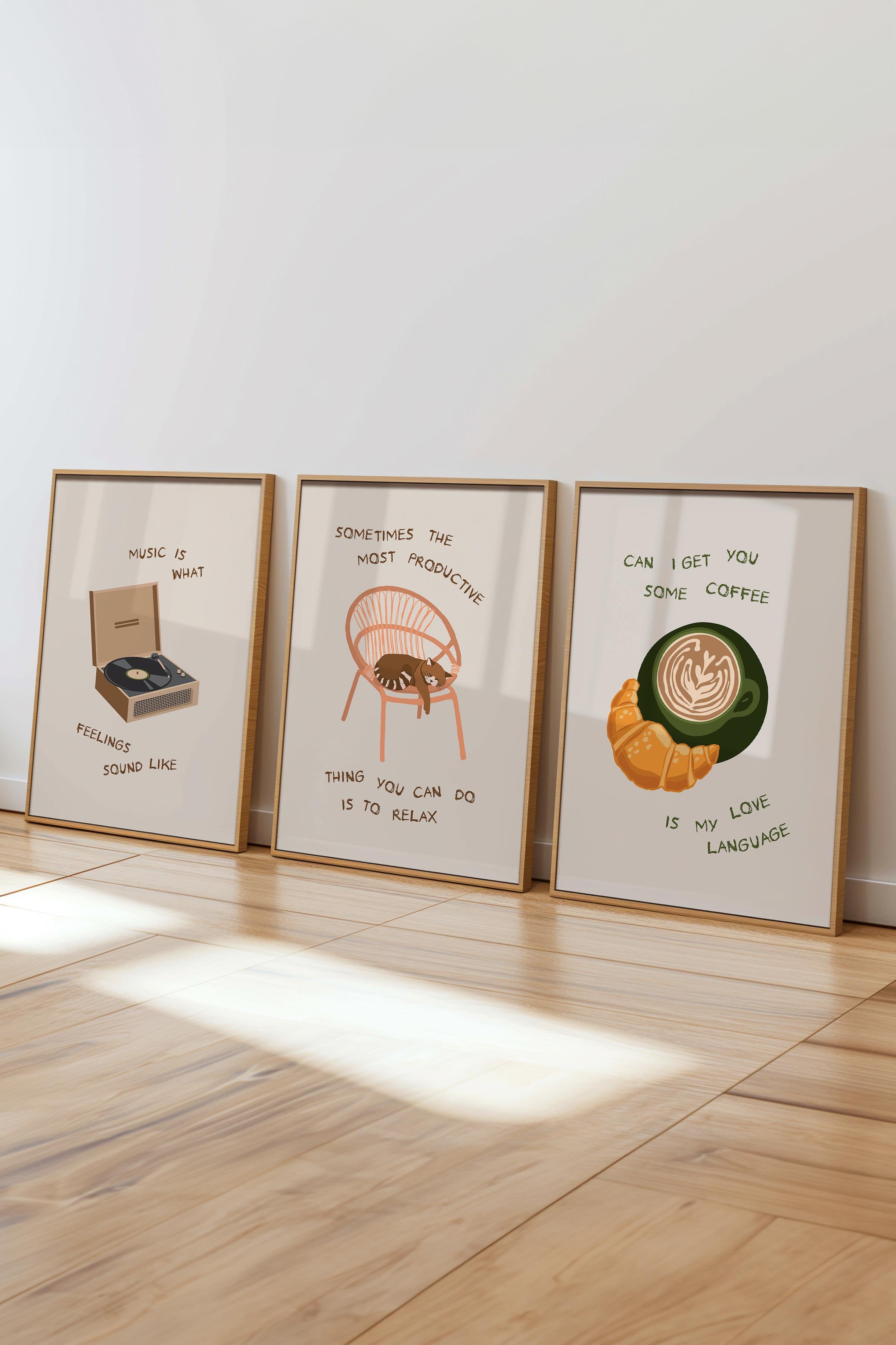 Çerçeveli Tablo Seti, 3 Adet Ahşap Çerçeve ve Minimalist Çizim Temalı Poster Seti, No:300531