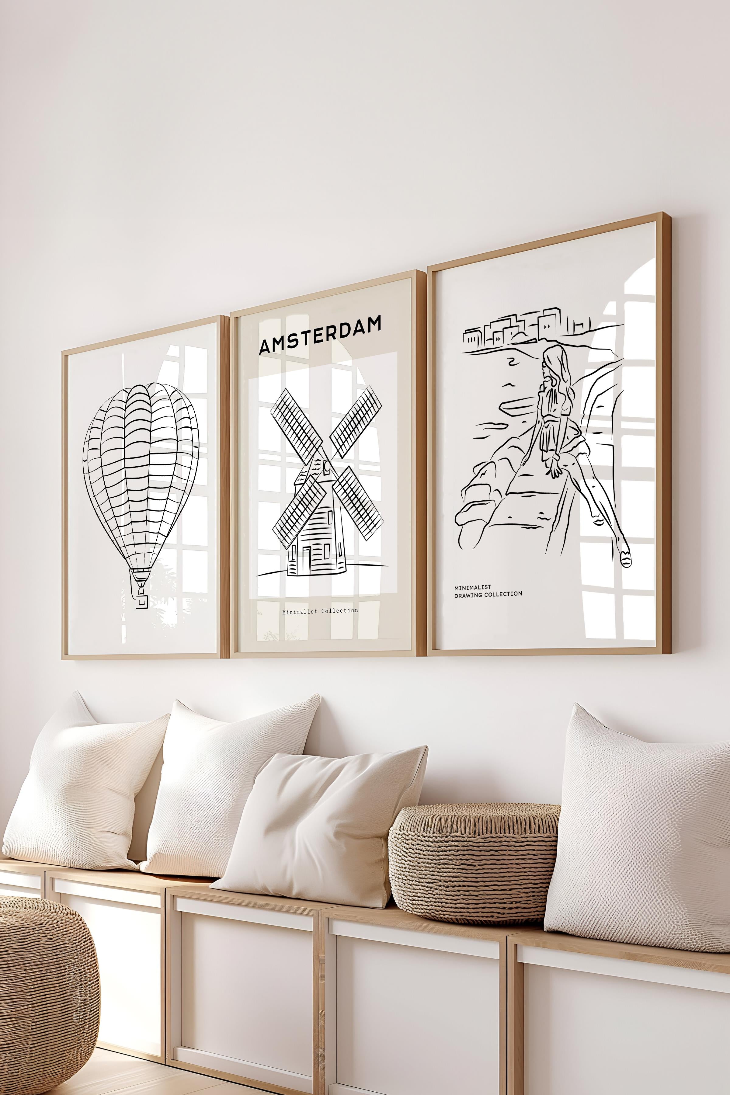 Çerçeveli Tablo Seti, 3 Adet Ahşap Çerçeve ve Minimalist Çizim Temalı Poster Seti, No:300542