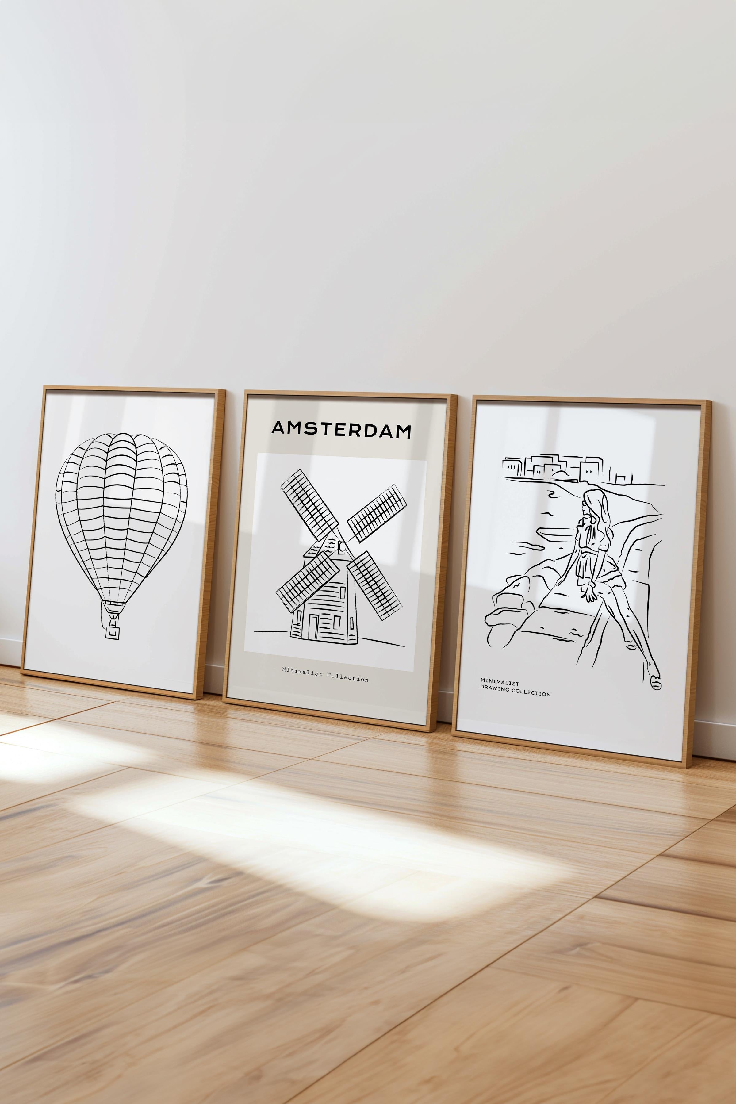 Çerçeveli Tablo Seti, 3 Adet Ahşap Çerçeve ve Minimalist Çizim Temalı Poster Seti, No:300542