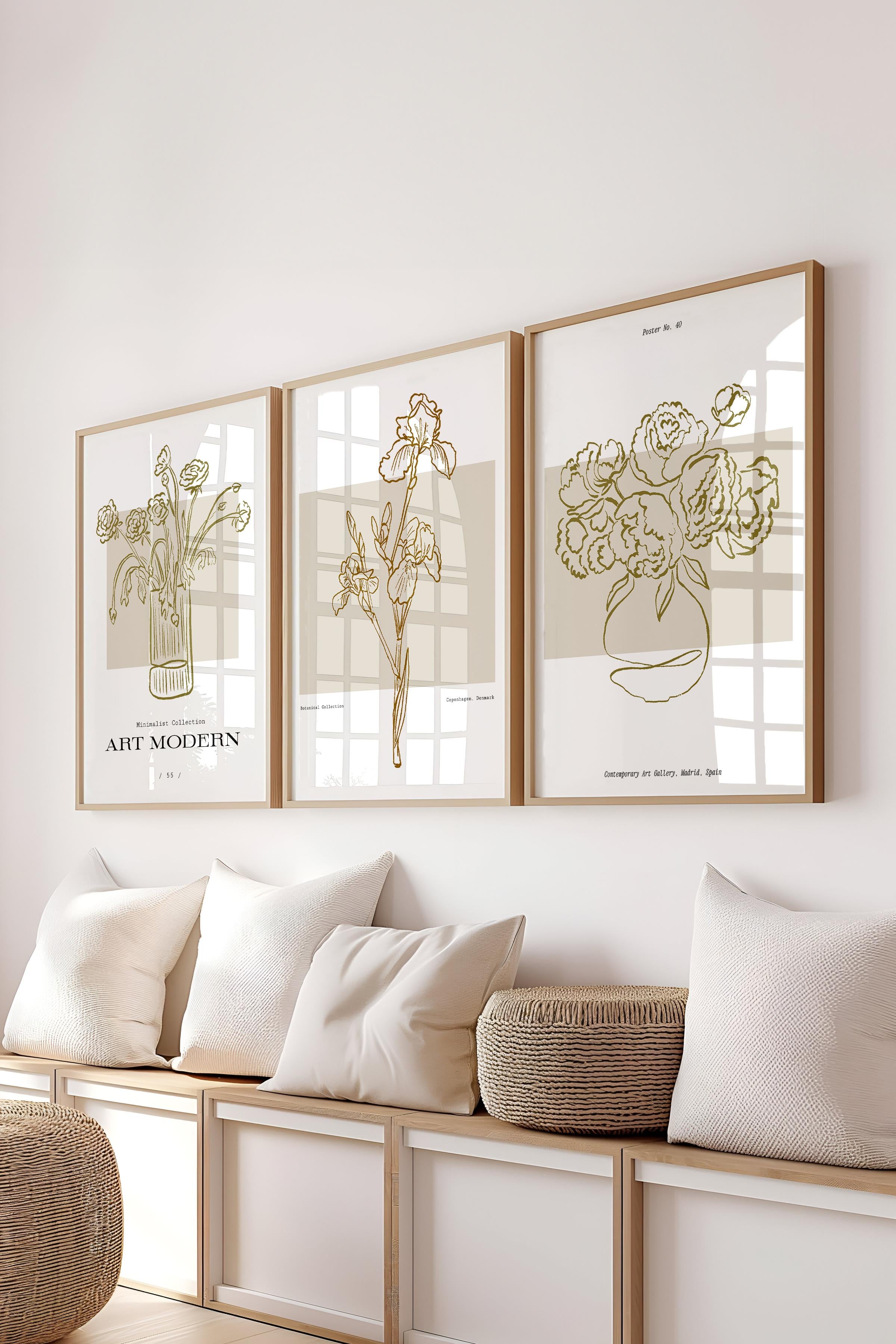 Çerçeveli Tablo Seti, 3 Adet Ahşap Çerçeve ve Minimalist Çizim Temalı Poster Seti, No:300581