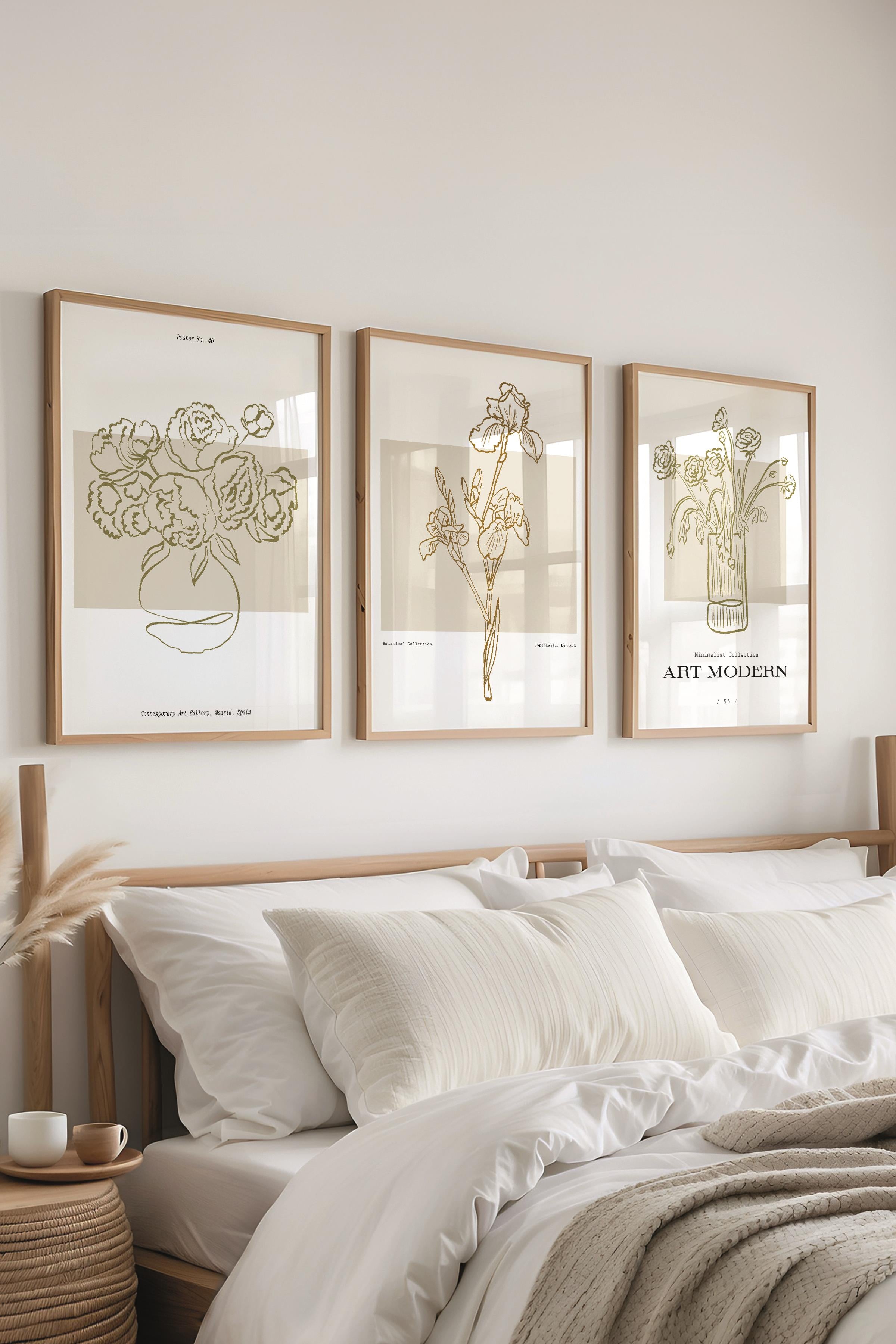 Çerçeveli Tablo Seti, 3 Adet Ahşap Çerçeve ve Minimalist Çizim Temalı Poster Seti, No:300581