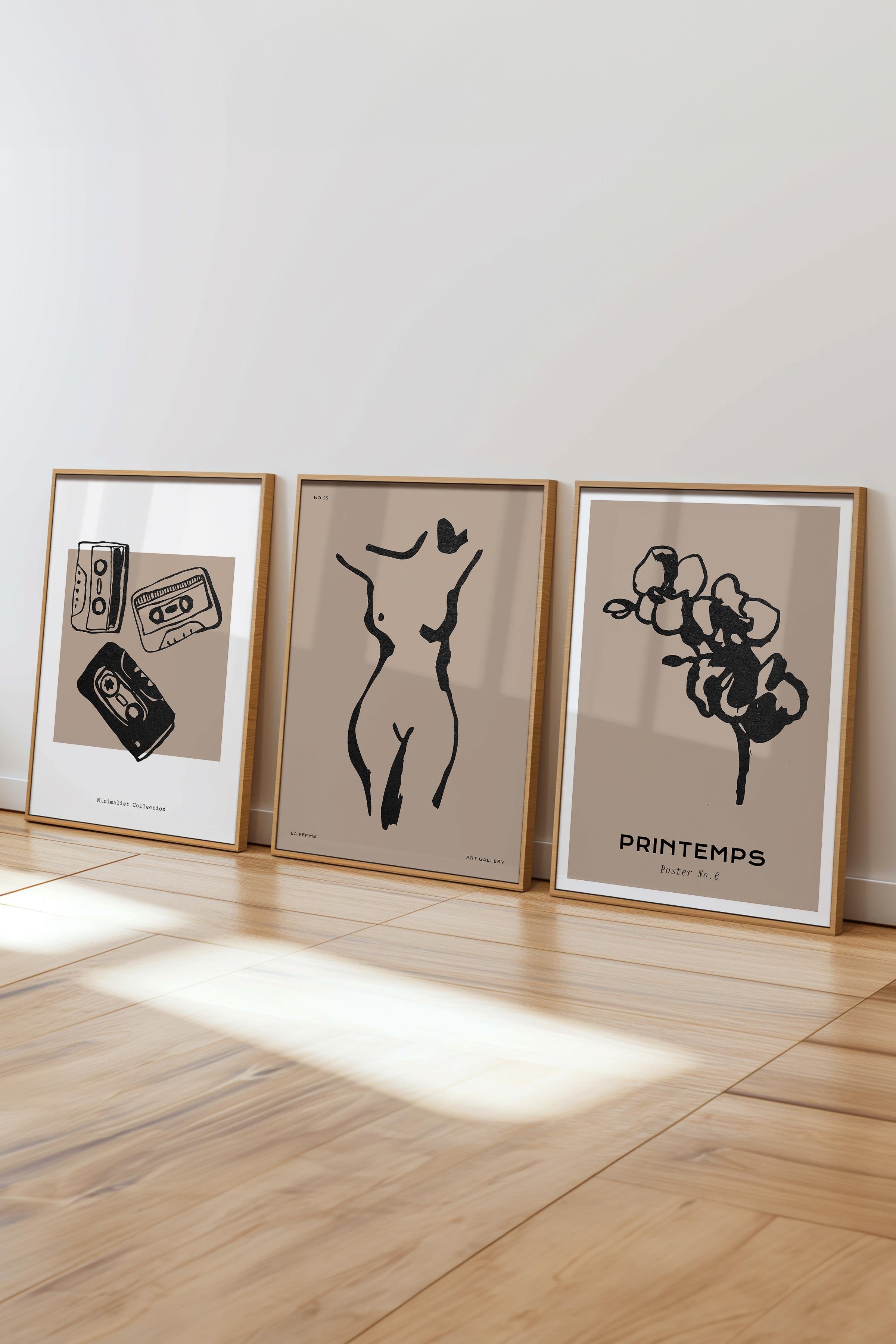 Çerçeveli Tablo Seti, 3 Adet Ahşap Çerçeve ve Minimalist Çizim Temalı Poster Seti, No:300597