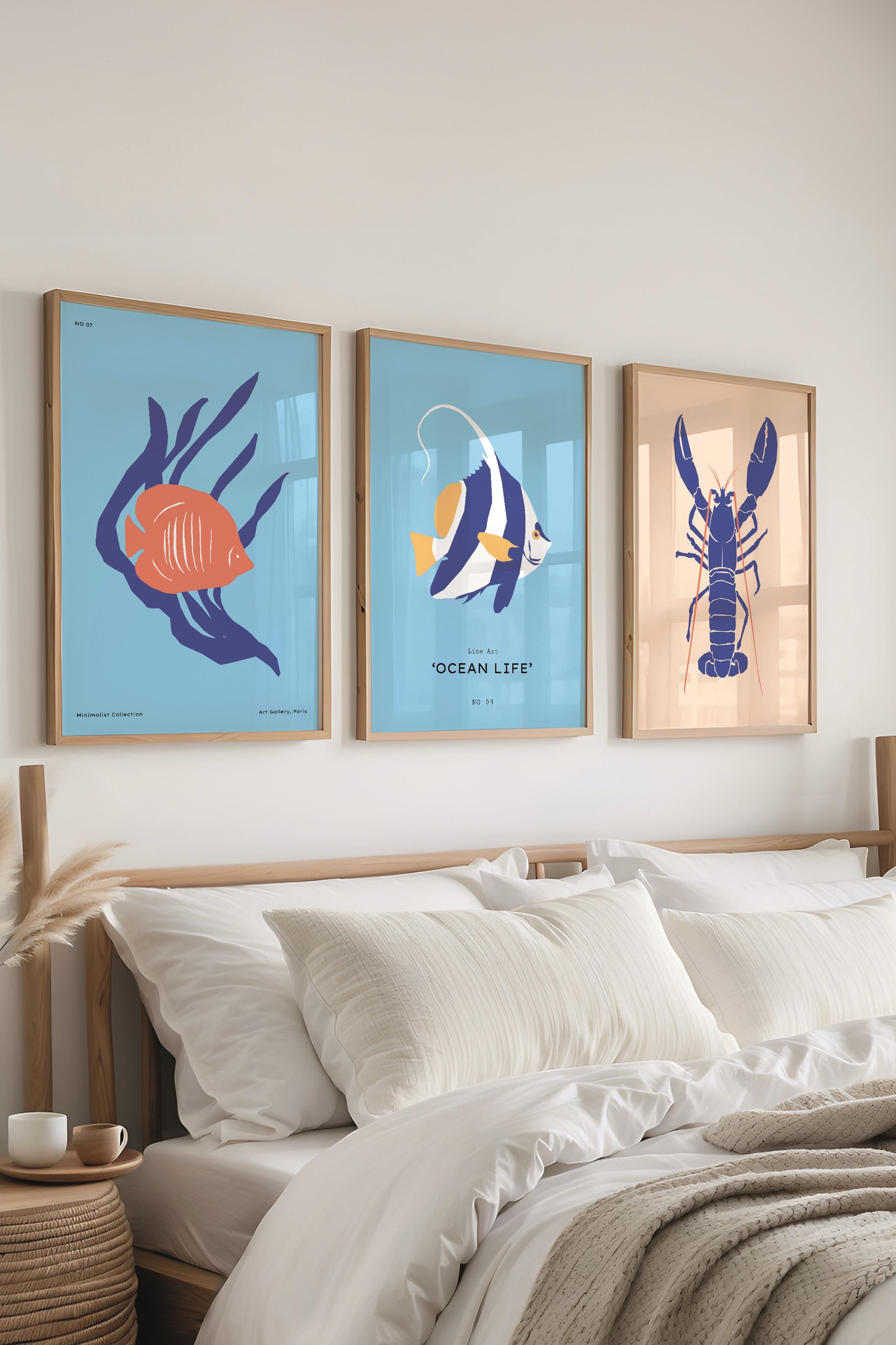 Çerçeveli Tablo Seti, 3 Adet Ahşap Çerçeve ve Minimalist Deniz Yaşamı Temalı Poster Seti, No:300505