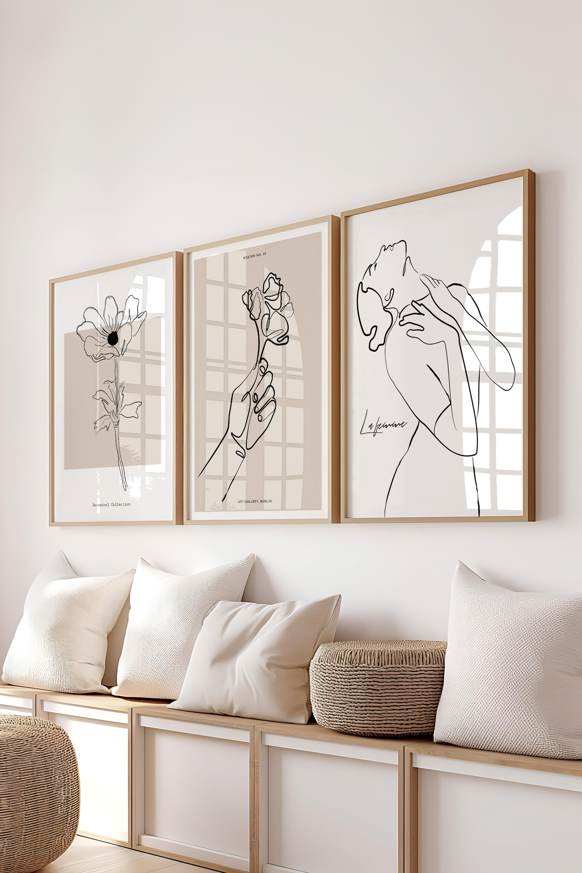 Çerçeveli Tablo Seti, 3 Adet Ahşap Çerçeve ve Minimalist El Çizimi Temalı Poster Seti, No:300566