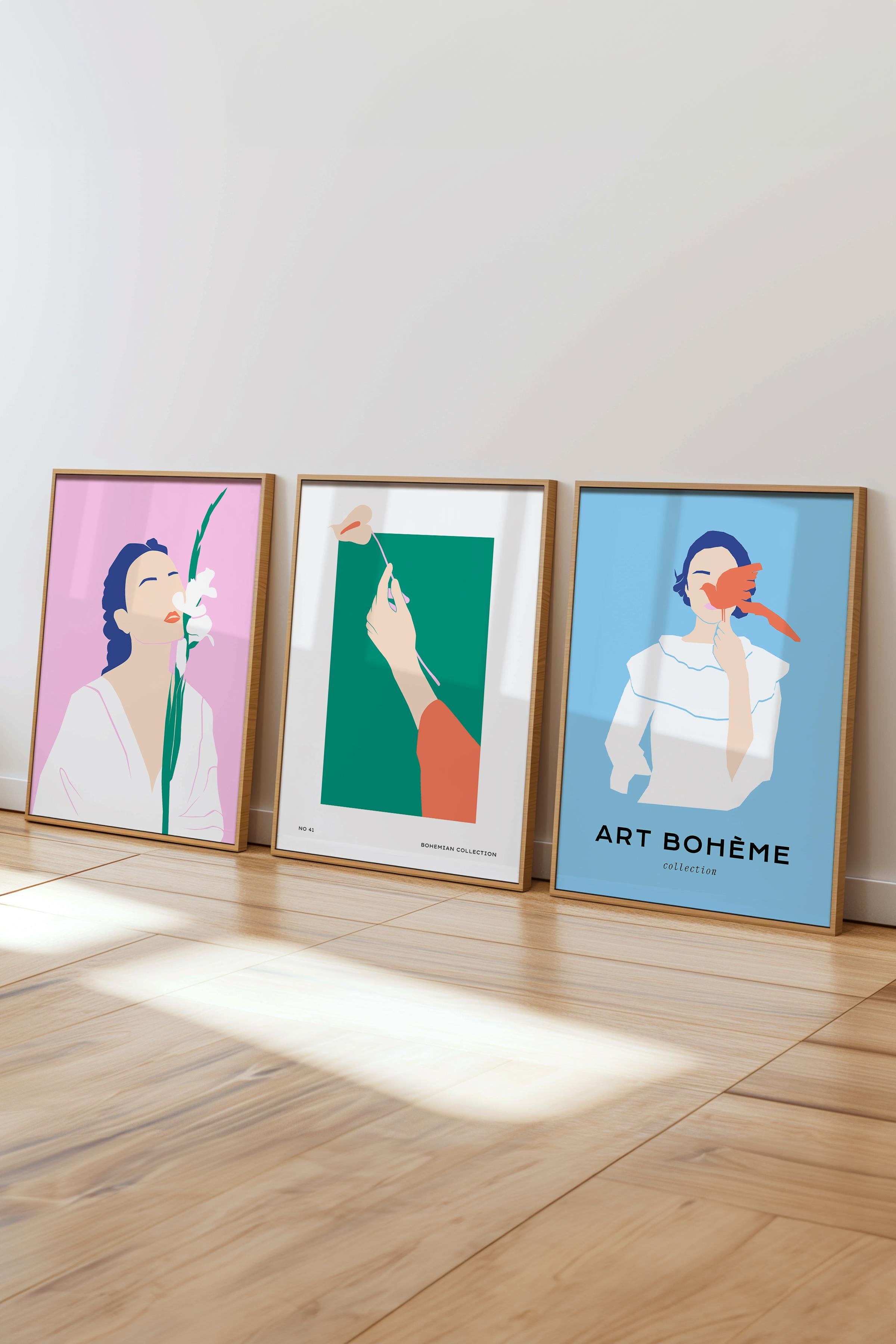 Çerçeveli Tablo Seti, 3 Adet Ahşap Çerçeve ve Minimalist Safari Temalı Poster Seti, No:300494