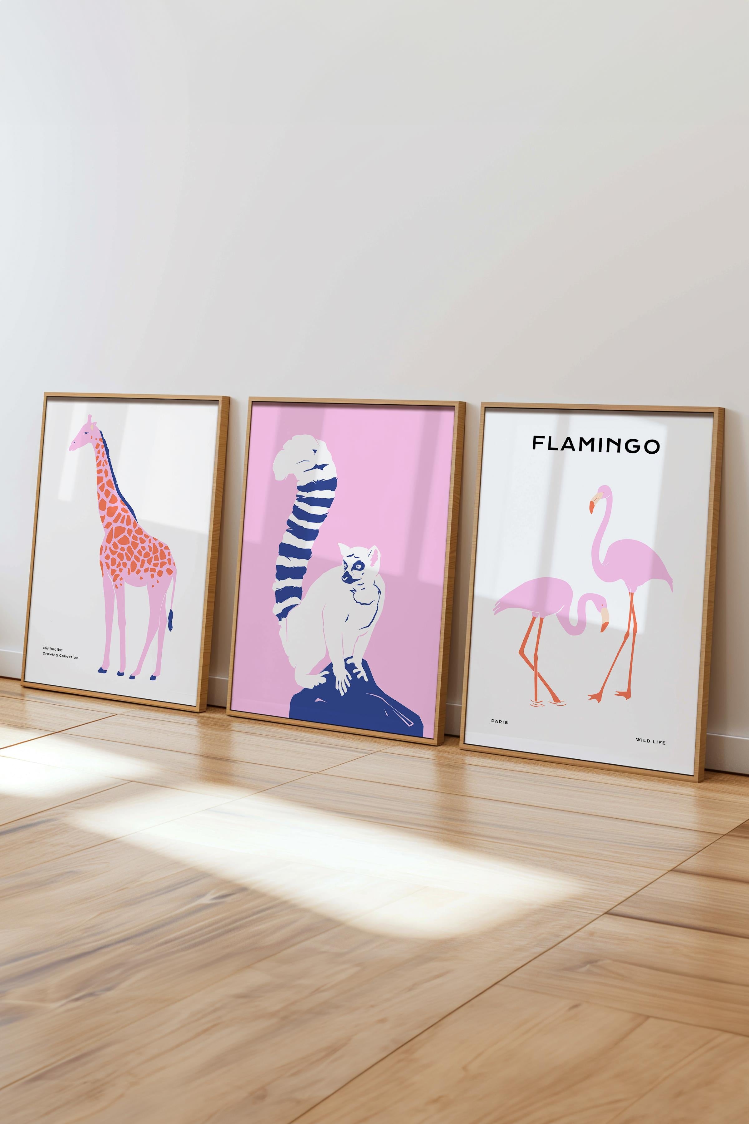 Çerçeveli Tablo Seti, 3 Adet Ahşap Çerçeve ve Minimalist Safari Temalı Poster Seti, No:300496