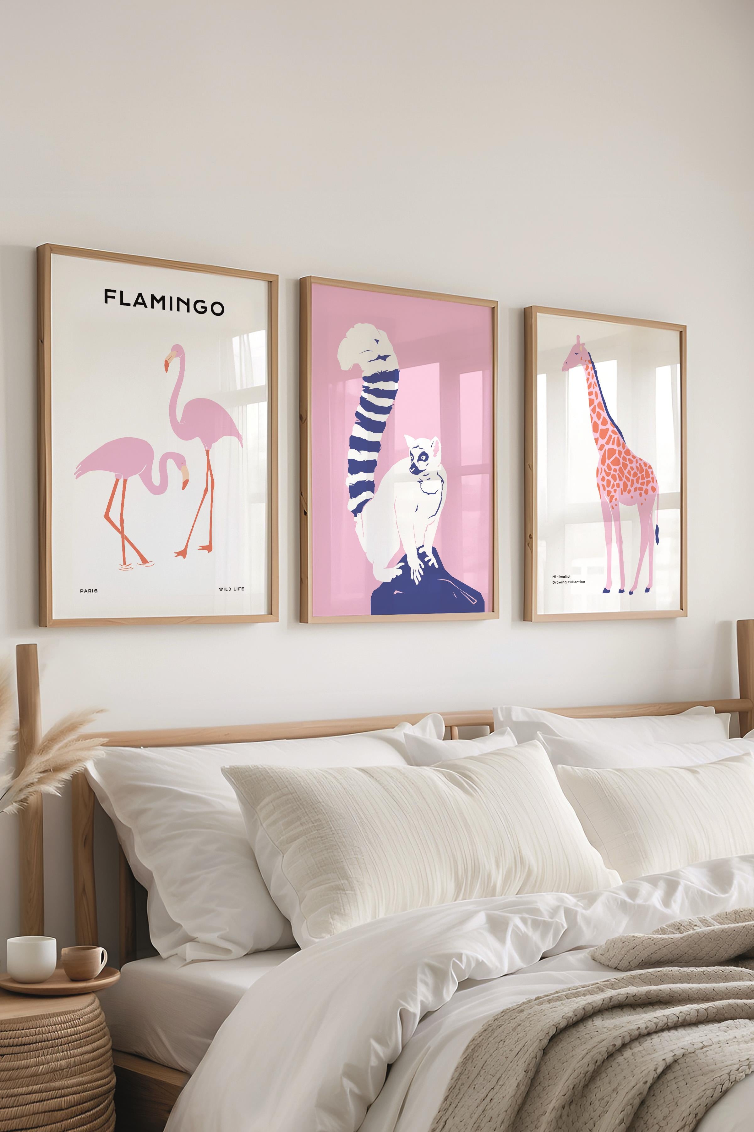 Çerçeveli Tablo Seti, 3 Adet Ahşap Çerçeve ve Minimalist Safari Temalı Poster Seti, No:300496