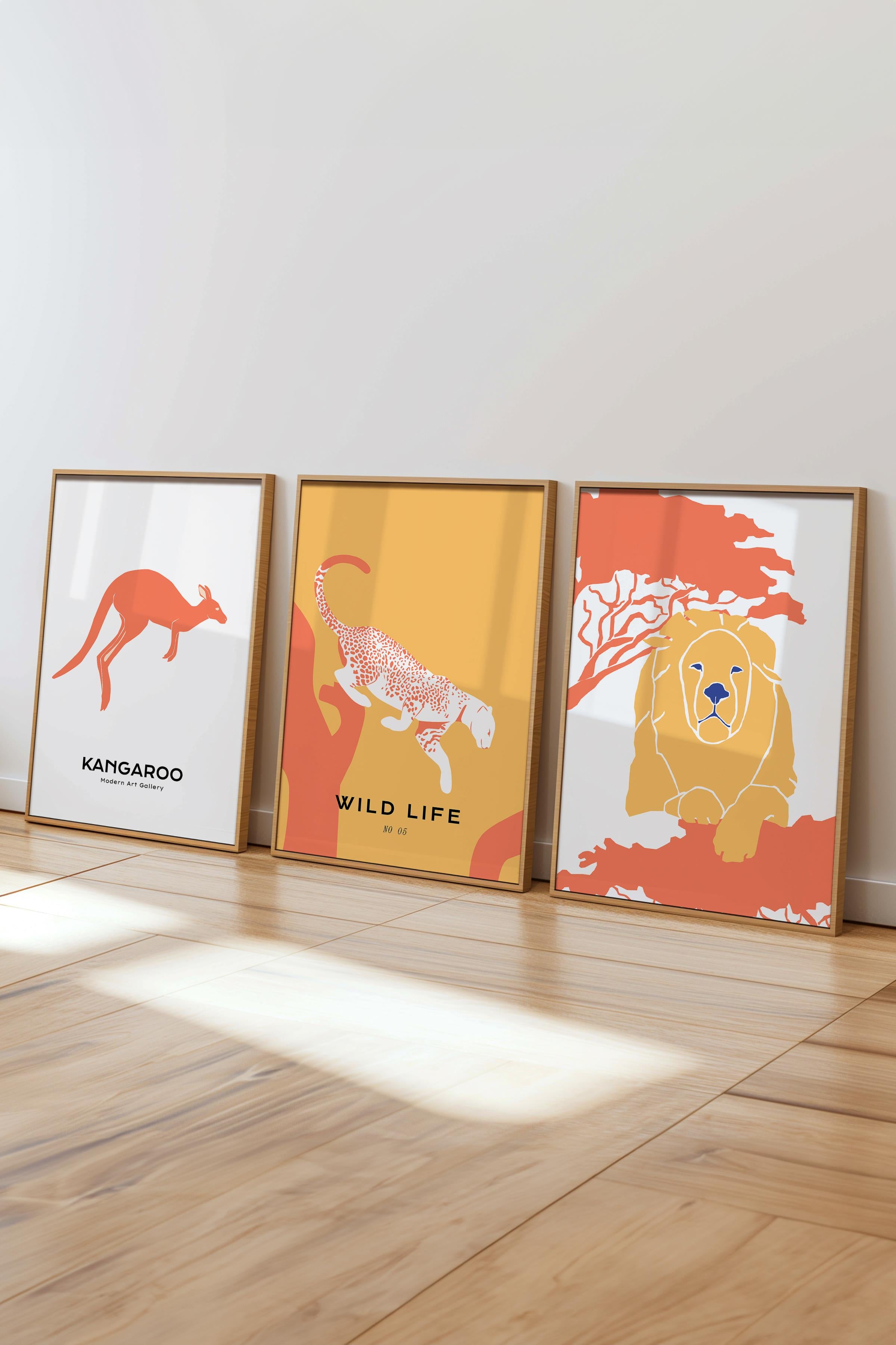 Çerçeveli Tablo Seti, 3 Adet Ahşap Çerçeve ve Minimalist Safari Temalı Poster Seti, No:300498